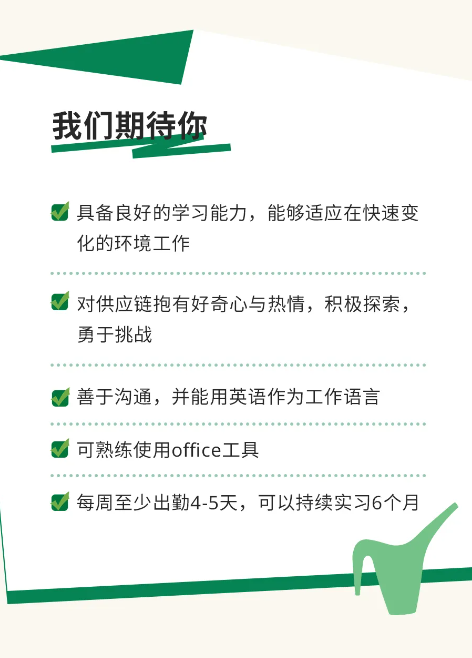 <p>我们期待你</p> <p>具备良好的学习能力，能够适应在快速变<br/>化的环境工作</p> <p>对供应链抱有好奇心与热情，积极探索，<br/>勇于挑战</p> <p>善于沟通，并能用英语作为工作语言<br/>可熟练使用office工具</p> <p>每周至少出勤4-5天，可以持续实习6个月</p>