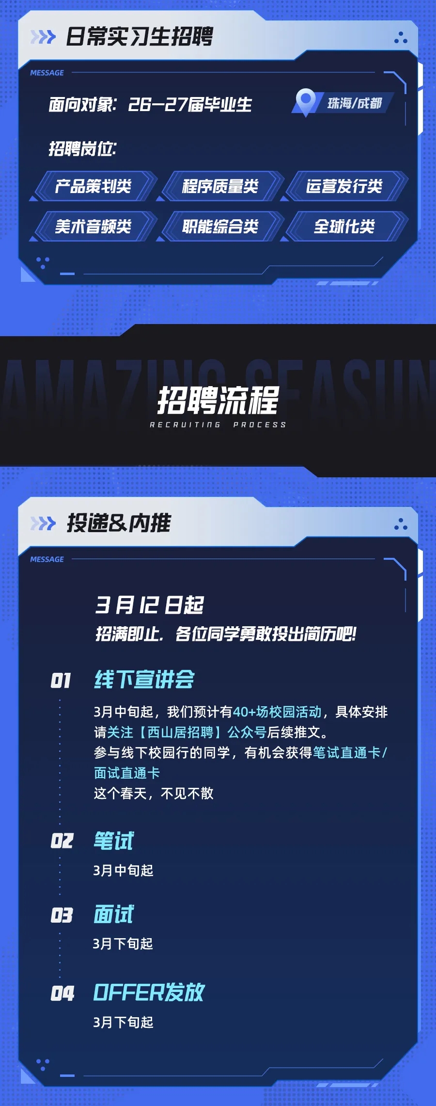 <p>日常实习生招聘<br/>MESSAGB</p> <p>面向对象:26一27届毕业生<br/>招聘岗位</p> <p>产品策划类</p> <p>程序质量类</p> <p>美术音频类</p> <p>职能综合类</p> <p>珠海/成都</p> <p>运营发行类<br/>全球化类</p> <p>招聘流程<br/>RECRULTIOG<br/>R0CES</p> <p>投递&内推<br/>MESSAGB</p> <p>3月12日起</p> <p>招满即止，各位同学勇敢投出简历吧!</p> <p>01</p> <p>线下宣讲会</p> <p>3月中旬起，我们预计有40+场校园活动，具体安排<br/>请关注[西山居招聘]公众号后续推文。</p> <p>参与线下校园行的同学，有机会获得笔试直通卡/<br/>面试直通卡</p> <p>这个春天，不见不散</p> <p>02</p> <p>笔试<br/>3月中旬起</p> <p>03</p> <p>面试<br/>3月下旬起</p> <p>04</p> <p>OFFER发放<br/>3月下旬起</p>