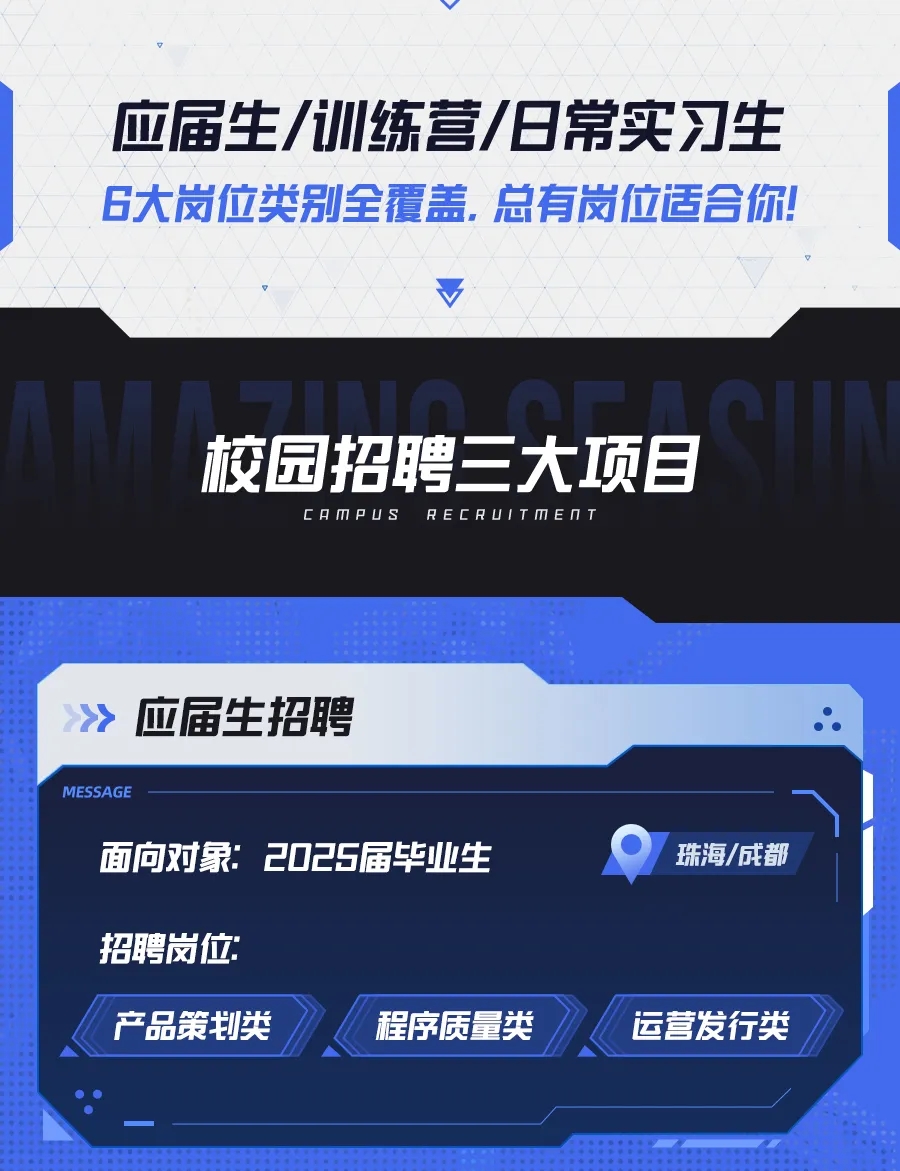 <p>应届生/训练营/日常实习生<br/>6大岗位类别全覆盖，总有岗位适合你!</p> <p>校园招聘三大项目<br/>cAmPuS<br/>RECRUITMENT</p> <p>应届生招聘</p> <p>MESSAGE</p> <p>面向对象:2025届毕业生</p> <p>珠海/成都</p> <p>招聘岗位:<br/>产品策划类</p> <p>程序质量类</p> <p>运营发行类</p>