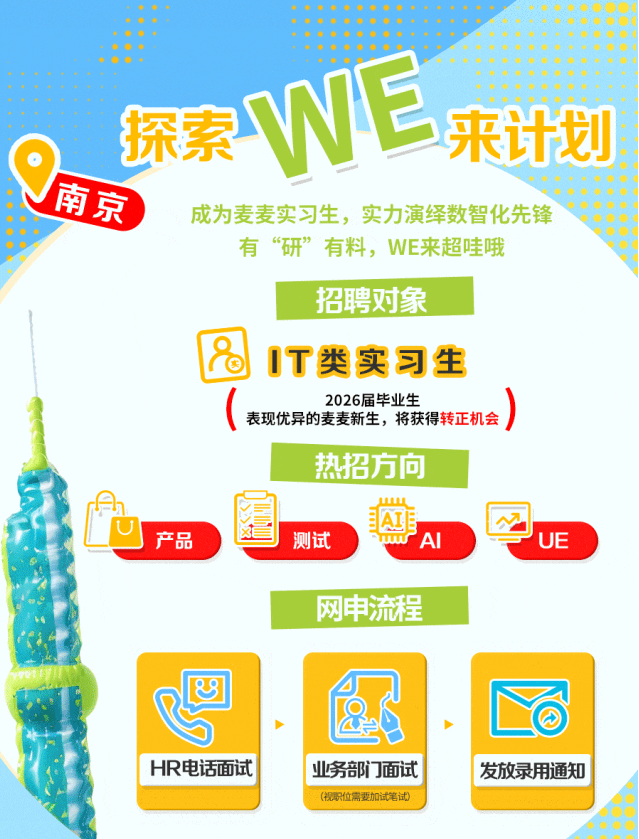 <p>探索WE来计划</p> <p>南京成为麦麦实习生,实力演绎数智化先锋</p> <p>有“研”有料,WE来超哇哦</p> <p>招聘对象</p> <p>IT类实习生</p> <p>72026届毕业生表现优异的麦麦新生,将获得转正机会</p> <p>热招方向</p> <p>产品园测试盛ww.w AIUE</p> <p>网申流程</p> <p>吧Lo</p> <p>HR电话面试[业务部门面试发放录用通知</p> <p>(视职位需要加试笔试)</p>