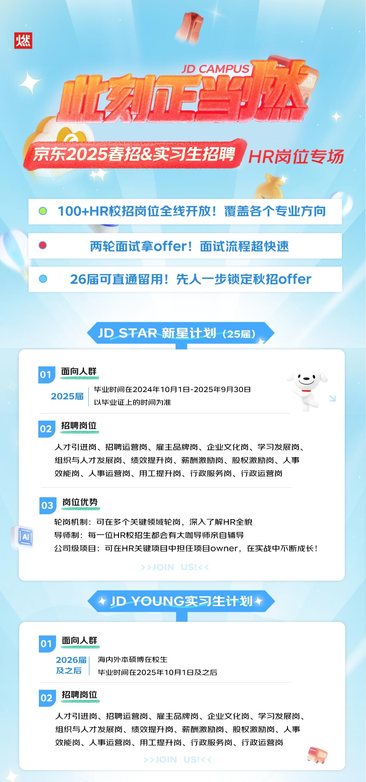 <p>然</p> <p>刻h当达<br/>JD CAMPUS<br/>京东2025春招&实习生招聘<br/>HR岗位专场</p> <p>100+HR校招岗位全线开放!覆盖各个专业方向<br/>两轮面试拿offer!面试流程超快速</p> <p>26届可直通留用!先人一步锁定秋招offer</p> <p>JD STAR新星计划(25届)</p> <p>面向人群</p> <p>2025届</p> <p>毕业时间在2024年10月1日-2025年9月30日<br/>以毕业证上的时间为准</p> <p>02</p> <p>招聘岗位</p> <p>人才引进岗、招聘运营岗、雇主品牌岗、企业文化岗、学习发展岗<br/>组织与人才发展岗、绩效提升岗、薪酬激励岗、股权激励岗、人事<br/>效能岗、人事运营岗、用工提升岗、行政服务岗、行政运营岗</p> <p>0</p> <p>岗位优势</p> <p>轮岗机制:可在多个关键领域轮岗，深入了解HR全貌</p> <p>导师制:每一位HR校招生都会有大咖导师亲自辅导</p> <p>公司级项目:可在HR关键项目中担任项目owner，在实战中不断成长!</p> <p>>>JOINUS!<</p> <p>JDYOUNG实习生计划</p> <p>0</p> <p>面向人群</p> <p>2026届</p> <p>海内外本硕博在校生</p> <p>及之后</p> <p>毕业时间在2025年10月1日及之后</p> <p>0</p> <p>招聘岗位</p> <p>人才引进岗、招聘运营岗、雇主品牌岗、企业文化岗、学习发展岗.<br/>组织与人才发展岗、绩效提升岗、薪酬激励岗、股权激励岗、人事<br/>效能岗、人事运营岗、用工提升岗、行政服务岗、行政运营岗</p> <p>>>JOIN US!<</p>