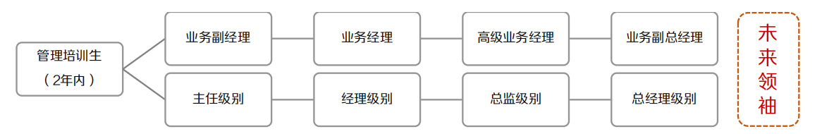 <p>管理培训生<br/>(2年内)</p> <p>业务副经理</p> <p>主任级别</p> <p>业务经理</p> <p>经理级别</p> <p>高级业务经理</p> <p>总监级别</p> <p>业务副总经理</p> <p>总经理级别</p> <p>未来领袖</p>