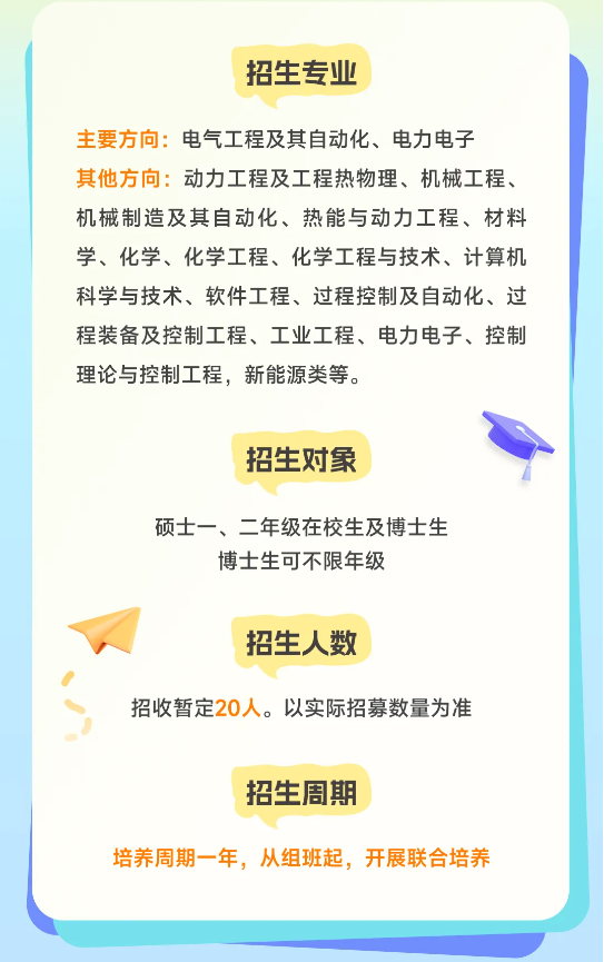 <p>招生专业</p> <p>主要方向:电气工程及其自动化、电力电子<br/>其他方向:动力工程及工程热物理、机械工程、<br/>机械制造及其自动化、热能与动力工程、材料<br/>学、化学、化学工程、化学工程与技术、计算机<br/>科学与技术、软件工程、过程控制及自动化、过<br/>程装备及控制工程、工业工程、电力电子、控制<br/>理论与控制工程，新能源类等。</p> <p>招生对象</p> <p>硕士一、二年级在校生及博士生<br/>博士生可不限年级</p> <p>招生人数</p> <p>招收暂定20人。以实际招募数量为准</p> <p>招生周期</p> <p>培养周期一年，从组班起，开展联合培养</p>