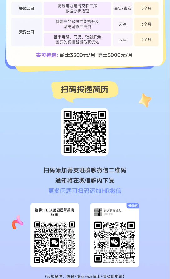<p>鲁缆公司</p> <p>高压电力电缆交联工序<br/>数据分析治理</p> <p>西安/泰安</p> <p>6个月</p> <p>天变公司</p> <p>储能产品散热性能提升及<br/>系统可靠性研究</p> <p>基于电磁、气流、辐射多元<br/>差异的铜排智能仿真优化</p> <p>天津</p> <p>天津</p> <p>3个月</p> <p>3个月</p> <p>实习待遇:硕士3500元/月博士5000元/月</p> <p>扫码投递简历</p> <p>扫码添加菁英班群聊微信二维码<br/>通知将在微信群内下发</p> <p>更多问题可扫码添加HR微信</p> <p>群聊:TBEA第四届菁英班</p> <p>招生</p> <p>对方正在输入<br/>责州安</p> <p>HR微信</p> <p>(添加备注:姓名+专业+硕/博士+菁英班申请)</p>