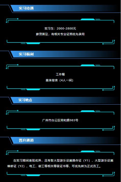 <p>实习待遇</p> <p>-</p> <p>实习生: 2000-2800元</p> <p>薪资面议,有相关专业证照优先录用</p> <p>实习福利</p> <p>广一</p> <p>工作餐</p> <p>焦体宿舍(4人一间)</p> <p>实习地点</p> <p>广</p> <p>广州市白云区同和路983号</p> <p>晋升通道</p> <p>广</p> <p>在实习期间表现优异,且考取大型游乐设施操作证(Y1)、大型游乐设施</p> <p>维修证(Y2)、电工、钳工等相关等级证书等,可优先转为正式员工。</p>