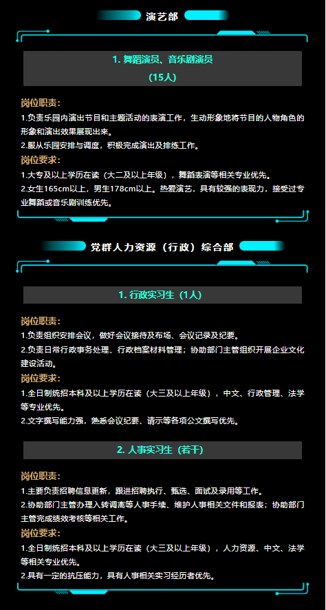 <p>演艺部</p> <p>1.舞蹈演员、音乐剧演员</p> <p>(15人</p> <p>岗位职责:</p> <p>1.负责乐园内演出节目和主题活动的表演工作,生动形象地将节目的人物角色的</p> <p>形象和演出效果展现出来。</p> <p>2服从乐园安排与调度,积极完成演出及排练工作。</p> <p>岗位要求:</p> <p>1.大专及以上学历在读(大二及以上年级) ,舞蹈表演等相关专业优先。</p> <p>2.女生165cm以上,男生178cm以上。热爱演艺。具有较强的表现力,接受过专</p> <p>业舞蹈或音乐剧训练优先。</p> <p>党群人力资源(行政)综合部</p> <p>1.行政实习生(1人)</p> <p>岗位职责:</p> <p>1.负责组织安排会议,做好会议接待及布场、会议记录及纪要。</p> <p>2负责日常行政事务处理、行政档案材料管理:协助部主管组织开展企业文化</p> <p>建设活动。</p> <p>岗位要求:</p> <p>1.全日制统招本科及以上学历在读(大三及以上年级),中文、行政管理、法学</p> <p>等专业优先。</p> <p>2文字撰写能力强,熟悉会议纪要、请示等各项公文撰写优先。</p> <p>2.人事实习生(若干)</p> <p>岗位职责:</p> <p>1.主要负责招聘信息更新,跟进招聘执行、甄选、面试及录用等工作。</p> <p>2.协助部主管办理入转调离等人事手续、维护人事相关文件和报表:协助部门</p> <p>主管完成绩效考核等相关工作。</p> <p>岗位要求:</p> <p>1.全日制统招本科及以上学历在读(大三及以上年级),人力资源、中文、法学</p> <p>等相关专业优先。</p> <p>2具有一定的抗压能力,具有人事相关实习经历者优先。</p>