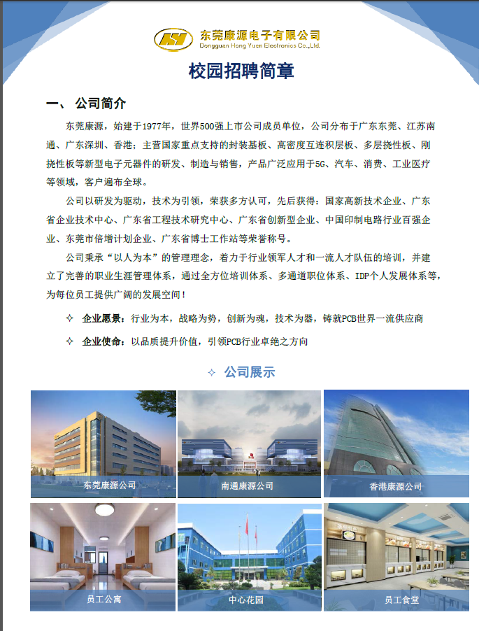 <p>东莞康源电子有限公司</p> <p>Dangguan Hong Yucn Eleclronics Co.,Ltd.</p> <p>校园招聘简章</p> <p>一、公司简介</p> <p>等领域,客户遍布全球。</p> <p>业、东莞市倍增计划企业、广东省博士工作站等荣誉称号。</p> <p>为每位员工提供广阔的发展空间!</p> <p> 企业使命:以品质提升价值,引领PCB行业卓绝之方向</p> <p> 公司展示</p>  <table> <tr><td>。了东莞康源公司</td> <td>售 .品t 上南通康源公可</td> </tr> <tr><td>员工公寓</td> <td>卖m商心中心花园</td> </tr> </table>