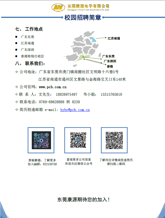 <p>东莞康源电子有限公司</p> <p>Dongguan Hong Yucn Eleclronics Co.,Ltd</p> <p>◆校园招聘简章◆-</p> <p>\'江苏南通</p> <p>广东东莞</p> <p>广东深圳</p> <p>香港</p> <p> 公司地址:广东省东莞市虎门镇南栅社区文明路十六巷5号</p> <p>江苏省南通市通州区文景路与金海路交叉☐东140米</p> <p> 联系人:文先生: 18826975497 韦小姐: 15315765610</p> <p> 联系电话: 0769-88628888 转8238</p> <p> 简历投递邮箱e-mail: hyhr@pcb. com. cn</p> <p>答疑解惑,了解更多查询更多公司信息了解岗位详情或投递简历</p> <p>加入QQ群: 832430758欢迎关注微信公众号请扫描二维码</p> <p>东莞康源期待您的加入!</p>  <table> <tr><td>0</td> <td></td> <td></td> <td></td> <td>恩2 e1</td> </tr> </table>