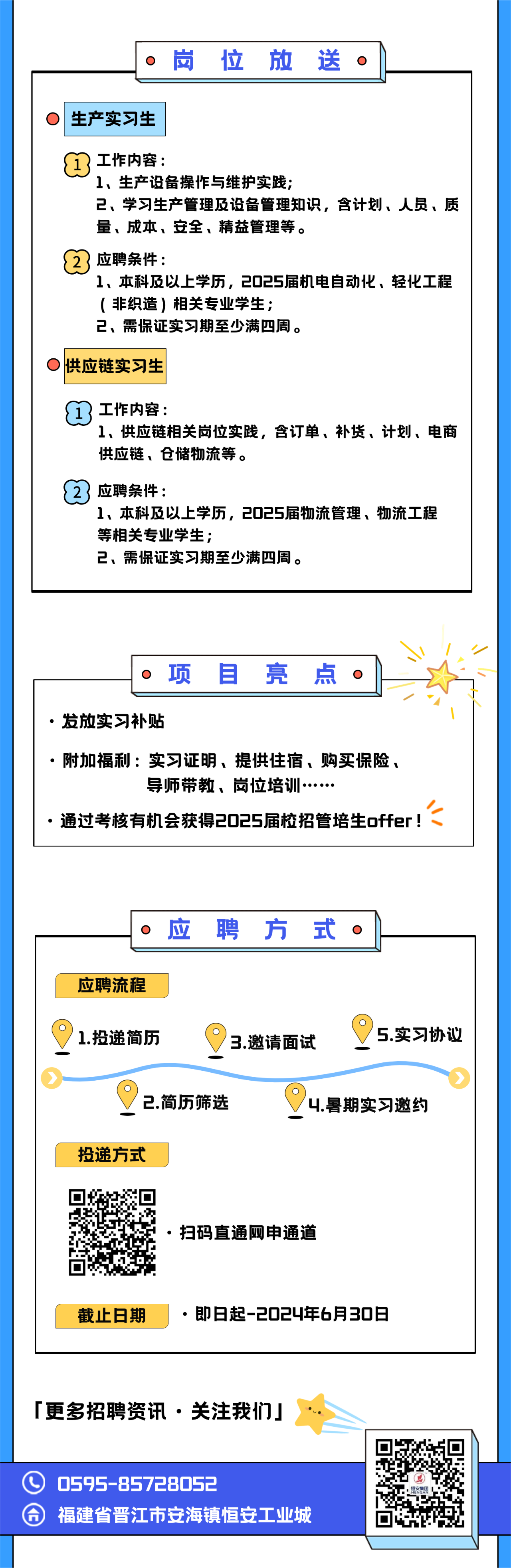 <p>岗位放送o</p> <p>生产实习生</p> <p>工作内容:</p> <p>1、生产设备操作与维护实践;</p> <p>2、学习生产管理及设备管理知识，含计划、人员、质<br/>量、成本、安全、精益管理等。</p> <p>应聘条件:</p> <p>1、本科及以上学历，2025届机电自动化、轻化工程<br/>(非织造)相关专业学生;</p> <p>2、需保证实习期至少满四周。</p> <p>供应链实习生</p> <p>工作内容:</p> <p>1、供应链相关岗位实践，含订单、补货、计划、电商<br/>供应链、仓储物流等。</p> <p>应聘条件:</p> <p>1、本科及以上学历，2025届物流管理、物流工程<br/>等相关专业学生;</p> <p>2、需保证实习期至少满四周。</p> <p>项目亮点c</p> <p>.发放实习补贴</p> <p>.附加福利:实习证明、提供住宿、购买保险、</p> <p>导师带教、岗位培训</p> <p>.通过考核有机会获得2025届校招管培生offer!</p> <p>应聘方式<br/>0</p> <p>应聘流程</p> <p>0</p> <p>1.投递简历</p> <p>3.邀请面试</p> <p>5.实习协议</p> <p>2.简历筛选</p> <p>投递方式</p> <p>4.暑期实习邀约</p> <p>.扫码直通网申通道</p> <p>截止日期</p> <p>.即日起-2024年6月30日</p> <p>「更多招聘资讯。关注我们」</p> <p>0595-85728052</p> <p>福建省晋江市安海镇恒安工业城</p> <p>恒安集团</p>