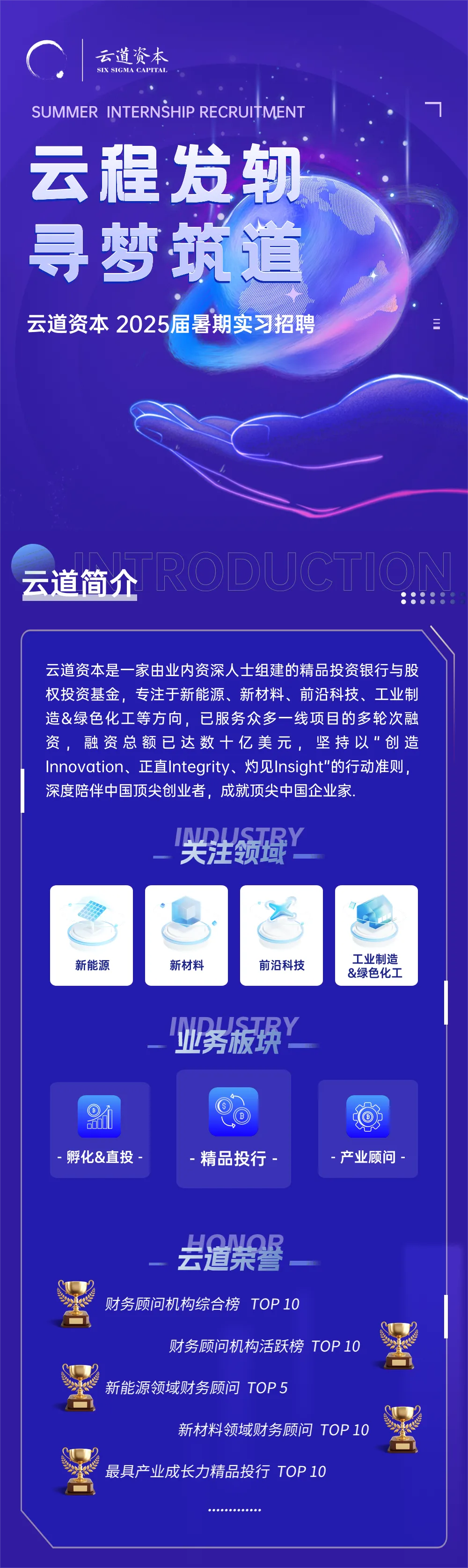 <p>云道资本<br/>SIX SIGMA<br/>CAP</p> <p>SUMMER INTERNSHIP RECRUITMENT</p> <p>云程发轫<br/>寻梦筑道</p> <p>云道资本 2025届暑期实习招聘</p> <p>云道简介<br/>RODUCTIQN</p> <p>:::</p> <p>云道资本是一家由业内资深人士组建的精品投资银行与股<br/>权投资基金，专注于新能源、新材料、前沿科技、工业制<br/>造&绿色化工等方向，已服务众多一线项目的多轮次融<br/>资，融资总额已达数十亿美元，坚持以"创造<br/>Innovation、正直Integrity、灼见Insight"的行动准则，<br/>深度陪伴中国顶尖创业者，成就顶尖中国企业家</p> <p>IANDUSTRY<br/>天注领或</p> <p>新能源</p> <p>新材料</p> <p>前沿科技</p> <p>IAMDLUSTRY<br/>业务板块</p> <p>工业制造<br/>&绿色化工</p> <p>80</p> <p>孵化&直投</p> <p>精品投行</p> <p>产业顾问</p> <p>HQNQR<br/>宏道宋营</p> <p>财务顾问机构综合榜TOP10</p> <p>财务顾问机构活跃榜TOP10</p> <p>新能源领域财务顾问TOP5</p> <p>新材料领域财务顾问TOP10</p> <p> <br/>ao</p> <p>最具产业成长力精品投行 TOP10</p>