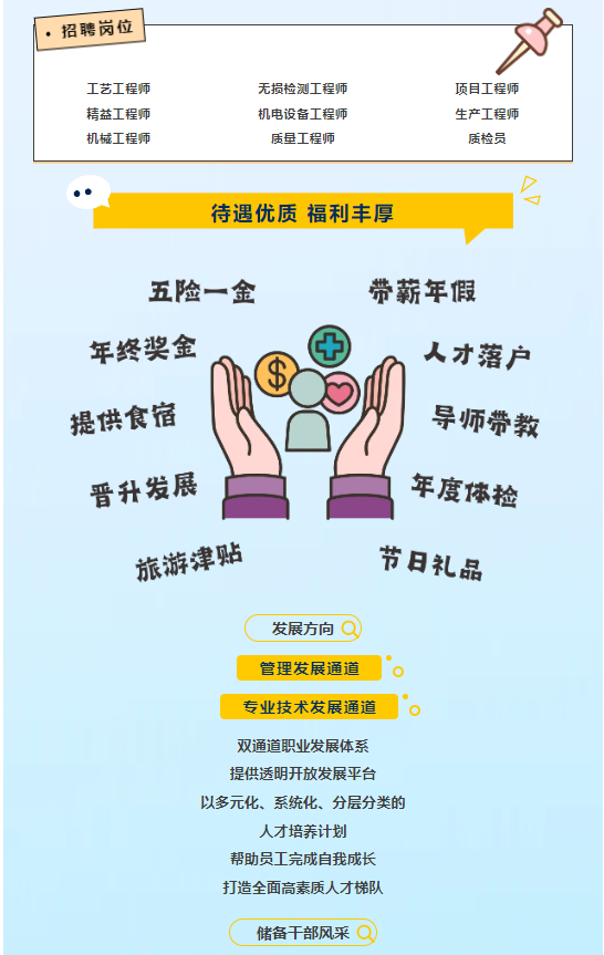 <p>.招聘岗位</p> <p>工艺工程师<br/>精益工程师<br/>机械工程师</p> <p>无损检测工程师<br/>机电设备工程师</p> <p>质量工程师</p> <p>项目工程师<br/>生产工程师</p> <p>质检员</p> <p>待遇优质 福利丰厚</p> <p>五险一金<br/>年终奖金</p> <p>提供食宿</p> <p>晋升发展</p> <p>旅游津贴</p> <p>+</p> <p>带薪年假</p> <p>人才落户</p> <p>导师带教</p> <p>年度体检</p> <p>节日礼品</p> <p>发展方向<br/>0<br/>管理发展通道<br/>专业技术发展通道</p> <p>双通道职业发展体系<br/>提供透明开放发展平台</p> <p>以多元化、系统化、分层分类的</p> <p>人才培养计划</p> <p>帮助员工完成自我成长<br/>打造全面高素质人才梯队</p> <p>储备干部风采</p>