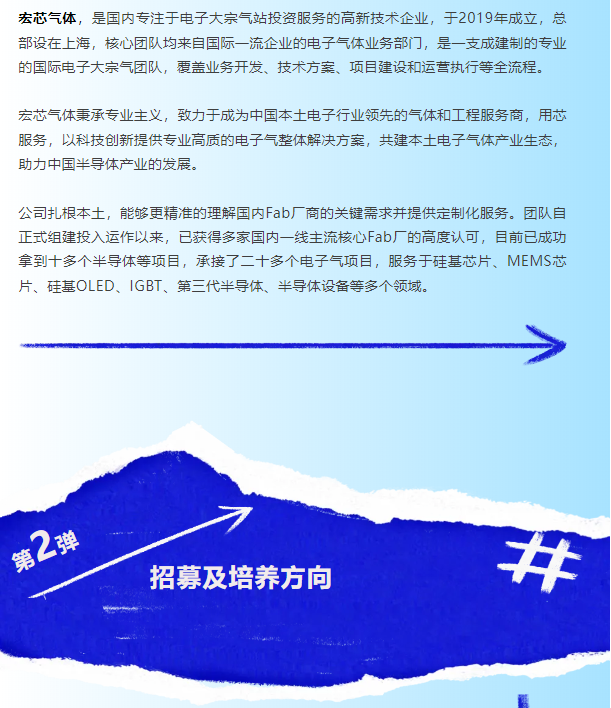 <p>宏芯气体，是国内专注于电子大宗气站投资服务的高新技术企业，于2019年成立，总<br/>部设在上海，核心团队均来自国际一流企业的电子气体业务部门，是一支成建制的专业<br/>的国际电子大宗气团队，覆盖业务开发、技术方案、项目建设和运营执行等全流程。</p> <p>宏芯气体秉承专业主义，致力于成为中国本土电子行业领先的气体和工程服务商，用芯<br/>服务，以科技创新提供专业高质的电子气整体解决方案，共建本土电子气体产业生态<br/>助力中国半导体产业的发展。</p> <p>公司扎根本土，能够更精准的理解国内Fab厂商的关键需求并提供定制化服务。团队自<br/>正式组建投入运作以来，已获得多家国内一线主流核心Fab厂的高度认可，目前已成功<br/>拿到十多个半导体等项目，承接了二十多个电子气项目，服务于硅基芯片、MEMS芯<br/>片、硅基OLED、IGBT、第三代半导体、半导体设备等多个领域。</p> <p>第2弹</p> <p>招募及培养方向</p>
