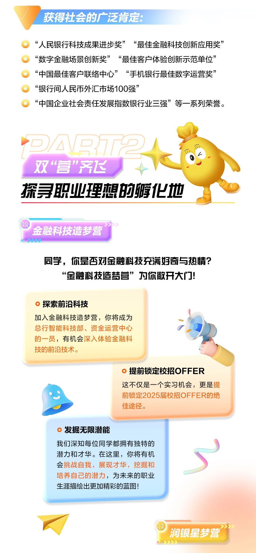 <p>获得社会的广泛肯定:</p> <p>“人民银行科技成果进步奖”“最佳金融科技创新应用奖”<br/>“数字金融场景创新奖”“最佳客户体验创新示范单位”<br/>“中国最佳客户联络中心”<br/>“手机银行最佳数字运营奖”<br/>“银行间人民币外汇市场100强’</p> <p>“中国企业社会责任发展指数银行业三强”等一系列荣誉。</p> <p>D公距<br/>双"“营”齐飞</p> <p>探寻职业理想的孵化地</p> <p>金融科技造梦营</p> <p>同学，你是否对金融科技充满好奇与热情?</p> <p>“金融科技造梦营”为你敞开大门!</p> <p>探索前沿科技</p> <p>加入金融科技造梦营，你将成为<br/>总行智能科技部、资金运营中心<br/>的一员，有机会深入体验金融科<br/>技的前沿技术。</p> <p>提前锁定校招OFFER</p> <p>这不仅是一个实习机会，更是提<br/>前锁定2025届校招OFFER的绝<br/>佳途径。</p> <p>发掘无限潜能</p> <p>我们深知每位同学都拥有独特的<br/>潜力和才华。在这里，你将有机<br/>会挑战自我，展现才华，挖掘和<br/>培养自己的潜力，为未来的职业<br/>生涯描绘出更加精彩的蓝图!</p> <p>润银星梦营</p>