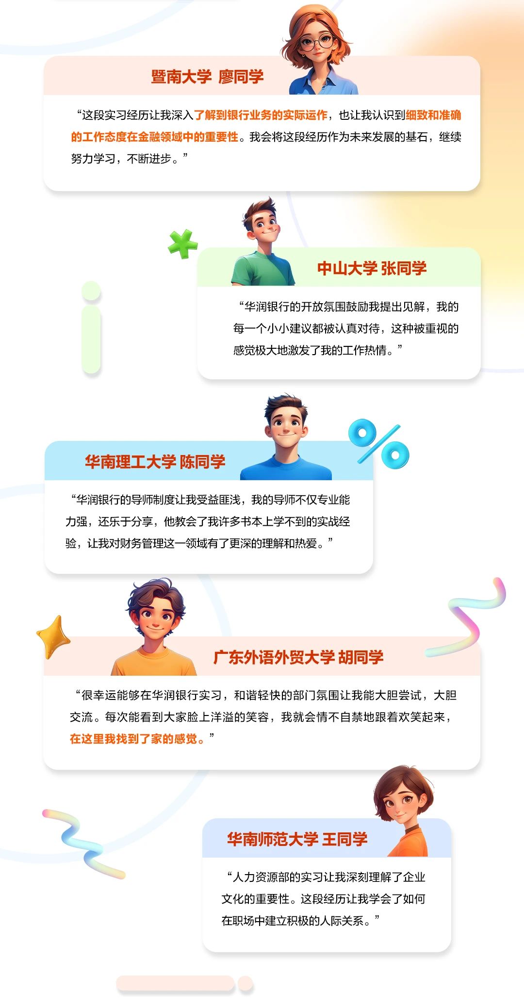 <p>暨南大学 廖同学</p> <p>“这段实习经历让我深入了解到银行业务的实际运作，也让我认识到细致和准确<br/>的工作态度在金融领域中的重要性。我会将这段经历作为未来发展的基石，继续<br/>努力学习，不断进步。”</p> <p>中山大学张同学</p> <p>“华润银行的开放氛围鼓励我提出见解，我的<br/>每一个小小建议都被认真对待，这种被重视的<br/>感觉极大地激发了我的工作热情。”</p> <p>华南理工大学陈同学</p> <p>“华润银行的导师制度让我受益匪浅，我的导师不仅专业能<br/>力强，还乐于分享，他教会了我许多书本上学不到的实战经<br/>验，让我对财务管理这一领域有了更深的理解和热爱。’</p> <p>广东外语外贸大学胡同学</p> <p>“很幸运能够在华润银行实习，和谐轻快的部门氛围让我能大胆尝试，大胆<br/>交流。每次能看到大家脸上洋溢的笑容，我就会情不自禁地跟着欢笑起来，<br/>在这里我找到了家的感觉。”</p> <p>华南师范大学王同学</p> <p>“人力资源部的实习让我深刻理解了企业<br/>文化的重要性。这段经历让我学会了如何<br/>在职场中建立积极的人际关系。”</p>