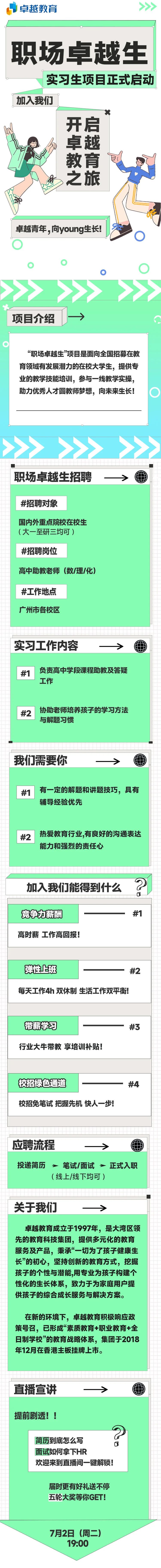 <p>➢卓越教育</p> <p>职场卓越生</p> <p>实习生项目正式启动</p> <p>加入我们</p> <p>x</p> <p>开启</p> <p>卓越</p> <p>教育‘</p> <p>>之旅</p> <p>卓越青年,向young生长!</p> <p>C)</p> <p>   </p> <p>直播宣讲一></p> <p>提前剧透! !</p> <p>简历到底怎么写0</p> <p>面试如何拿下HR</p> <p>欢迎来到直播间一键解锁!</p> <p>届时更有好礼送不停</p> <p>五轮大奖等你GET!</p> <p>7月2日(周二)</p> <p>19:00</p>  <table> <tr><td>> >一一 _项目介绍 ></td> </tr> <tr><td>“职场卓越生”项目是面向全国招募在教育领域有发展潜力的在校大学生,提供专业的教学技能培训,参与- -线教学实操,助力优秀人才圆教师梦想,向未来生长!</td> </tr> <tr><td>>>>>> _职场卓越生招聘 ->#招聘对象国内外重点院校在校生(大一至研三均可)#招聘岗位高中助教老师(数/理/化)#工作地点广州市各校区实习工作内容 一>#1 负责高中学段课程助教及答疑工作#2 协助老师培养孩子的学习方法与解题习惯我们需要你 一>#1 有一定的解题和讲题技巧,具有辅导经验优先#2 热爱教育行业,有良好的沟通表达能力和强烈的责任心</td> </tr> <tr><td></td> </tr> <tr><td>加入我们能得到什么 ②0竞争力薪酬 #1高时薪工作高回报!</td> </tr> <tr><td>弹性上班 #2每天工作4h双休制生活工作双平衡!</td> </tr> <tr><td>带薪学习 #3行业大牛带教享培训补贴!</td> </tr> <tr><td>校招绿色通道 #4校招免笔试把握先机快人- -步!</td> </tr> <tr><td></td> </tr> <tr><td> 应聘流程 一>投递简历➢笔试/面试>正式入职(线上/线下均可)</td> </tr> <tr><td>关于我们 一>卓越教育成立于1997年,是大湾区领先的教育科技集团,提供多元化的教育服务及产品,秉承“一切为了孩子健康生长”的初心,坚持创新的教育方式,挖掘孩子的个性与潜能,用专业为孩子构建个性化的生长体系,致力于为家庭用户提供孩子的综合成长服务与解决方案。在新的环境下,卓越教育积极响应政策号召,已形成“素质教育+职业教育+全日制学校的教育战略体系,集团于2018年12月在香港主板挂牌.上市。</td> </tr> </table>