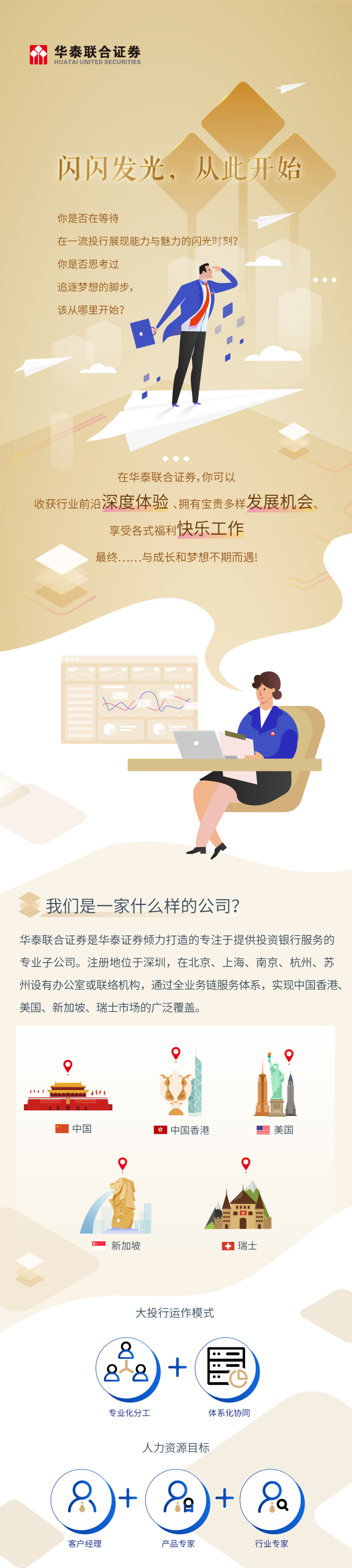 <p>华泰联合证券<br/>HUATAI UNITED SECURITIES</p> <p>闪闪发光，从此开始</p> <p>你是否在等待</p> <p>在一流投行展现能力与魅力的闪光时刻?<br/>你是否思考过</p> <p>追逐梦想的脚步，</p> <p>该从哪里开始?</p> <p>在华泰联合证券,你可以</p> <p>收获行业前沿深度体验、拥有宝贵多样发展机会、</p> <p>享受各式福利快乐工作</p> <p>最终......与成长和梦想不期而遇!</p> <p>我们是一家什么样的公司?</p> <p>华泰联合证券是华泰证券倾力打造的专注于提供投资银行服务的<br/>专业子公司。注册地位于深圳，在北京、上海、南京、杭州、苏<br/>州设有办公室或联络机构，通过全业务链服务体系，实现中国香港、<br/>美国、新加坡、瑞士市场的广泛覆盖。</p> <p>中国</p> <p>中国香港</p> <p> </p> <p>美国</p> <p>新加坡</p> <p>+瑞士</p> <p>大投行运作模式<br/>C</p> <p>专业化分工</p> <p>体系化协同</p> <p>人力资源目标</p> <p>客户经理</p> <p>产品专家</p> <p>行业专家</p>