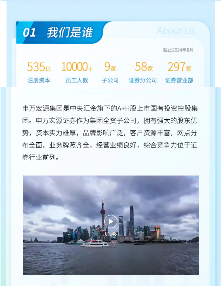 <p>01我们是谁</p>
<p>About Us</p>
<p>截止2024年8月</p>
<p>535z</p>
<p>注册资本</p>
<p>10000+</p>
<p>员工人数</p>
<p>9家</p>
<p>子公司</p>
<p>58家<br/>证券分公司</p>
<p>297家<br/>证券营业部</p>
<p>申万宏源集团是中央汇金旗下的A+H股上市国有投资控股集<br/>团。申万宏源证券作为集团全资子公司，拥有强大的股东优<br/>势，资本实力雄厚，品牌影响广泛，客户资源丰富，网点分<br/>布全面，业务牌照齐全，经营业绩良好，综合竞争力位于证<br/>券行业前列。</p>
<p>01:48</p>

