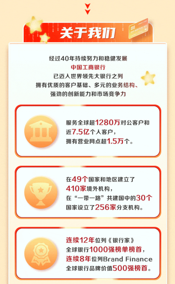 <p>关于我们</p> <p>经过40年持续努力和稳健发展</p> <p>中国工商银行</p> <p>已迈入世界领先大银行之列</p> <p>拥有优质的客户基础、多元的业务结构、</p> <p>强劲的创新能力和市场竞争力</p> <p>服务全球超1280万对公客户和<br/>近7.5亿个人客户，</p> <p>拥有营业网点超1.5万个。</p> <p>在49个国家和地区建立了<br/>410家境外机构，</p> <p>在“一带一路”共建国中的30个<br/>国家设立了256家分支机构。</p> <p>连续12年位列《银行家》<br/>全球银行1000强榜单榜首，<br/>连续8年位列Brand Finance<br/>全球银行品牌价值500强榜首。</p>