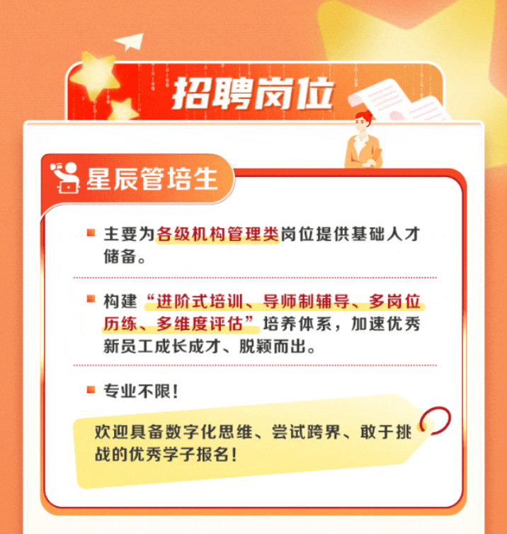 <p>招聘岗位,</p> <p>星辰管培生</p> <p> 主要为各级机构管理类岗位提供基础人才</p> <p>储备。</p> <p> 构建“进阶式培训、导师制辅导、多岗位</p> <p>历练、多维度评估”培养体系,加速优秀</p> <p>新员工成长成才、脱颖而出。</p> <p> 专业不限!</p> <p>欢迎具备数字化思维、尝试跨界、敢于挑</p> <p>战的优秀学子报名!</p>