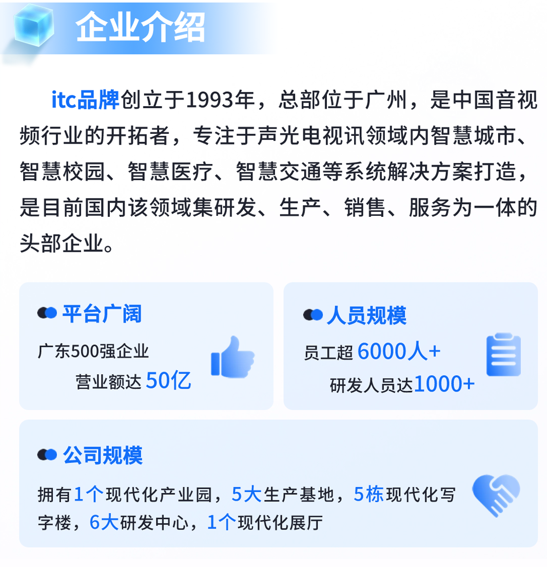 <p>企业介绍</p> <p>itc品牌创立于1993年，总部位于广州，是中国音视<br/>频行业的开拓者，专注于声光电视讯领域内智慧城市、<br/>智慧校园、智慧医疗、智慧交通等系统解决方案打造，<br/>是目前国内该领域集研发、生产、销售、服务为一体的<br/>头部企业。</p> <p>平台广阔<br/>广东500强企业</p> <p>营业额达50亿</p> <p>人员规模<br/>员工超6000人+</p> <p>研发人员达1000+</p> <p>公司规模</p> <p>拥有1个现代化产业园，5大生产基地，5栋现代化写<br/>字楼，6大研发中心，1个现代化展厅</p>