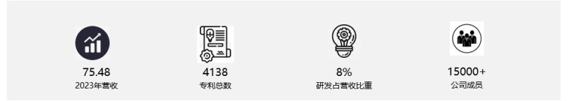 <p>75.48<br/>2023年营收</p> <p>烟</p> <p>一b</p> <p>4138<br/>专利总数</p> <p>8%</p> <p>研发占营收比重</p> <p>15000+</p> <p>公司成员</p>