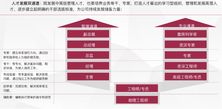 <p>初学者:完成任务,解决简单常见</p> <p>问题。工程师/专员</p> <p>辅助者:辅助执行简单的指令和规范</p> <p>助理工程师</p>  <table> <tr><td colspan="5">人才发展双通道:既发展中高级管理人才,也要培养业务骨干、专家,打造人才辈出的学习型组织,管理和发展高潜人才,逐步建立起明确的干部选拔标准,为公司持续发展储备力量;</td> </tr> <tr><td colspan="5">管理涌道 专业诵道副总裁 首席科学家总经理 资深专家</td> </tr> <tr><td>专家:建立体系指引方向,通过创新和指导他人为组织做贡献。</td> <td></td> <td>总监</td> <td></td> <td>专家</td> </tr> <tr><td>骨干:有专长,解决复杂问题,制定标准,为他人指导工作。</td> <td></td> <td>经理</td> <td></td> <td>资深工程师</td> </tr> <tr><td>有经验者:有丰富经验,解决异常问题,通过独立工作为组织做贡献</td> <td></td> <td colspan="3">主管 高级工程师/专员</td> </tr> </table>