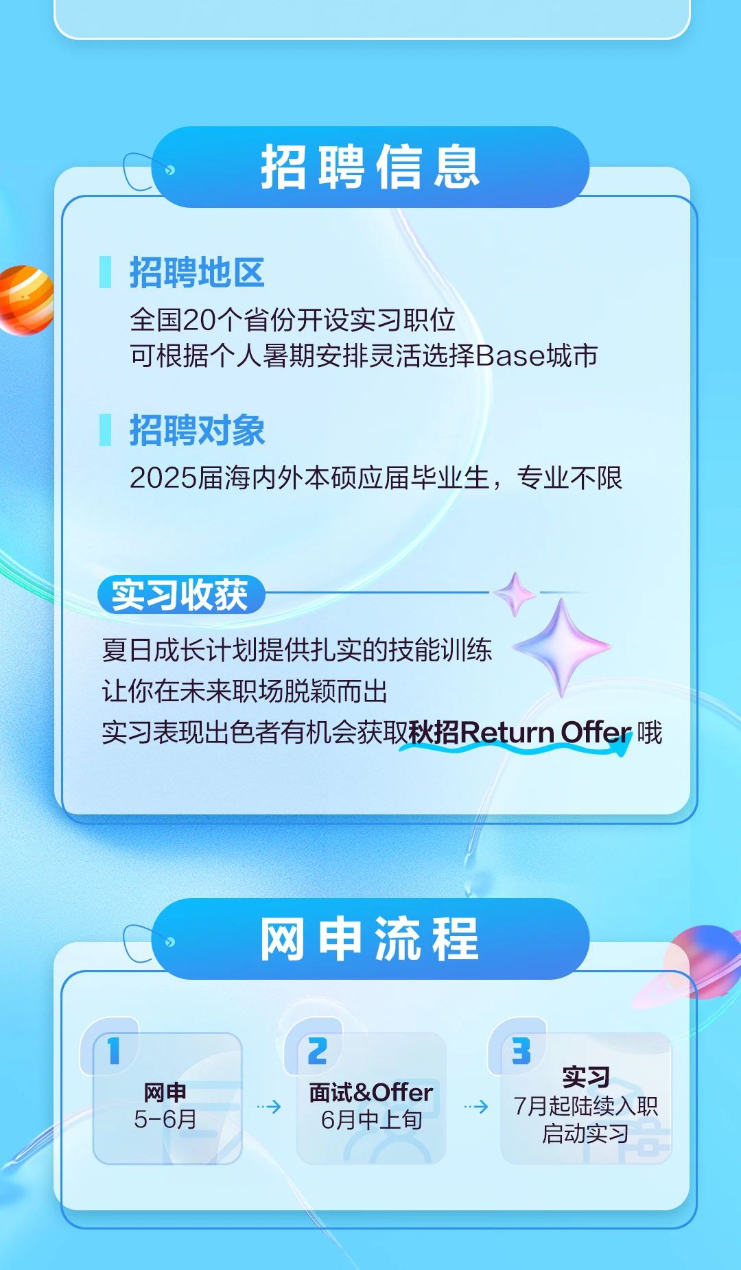<table> <tr><td>” 招聘信息</td> </tr> <tr><td>I 招聘地区全国20个省份开设实习职位可根据个人暑期安排灵活选择Base城市招聘对象2025届海内外本硕应届毕业生,专业不限(实习收获 /V夏日成长计划提供扎实的技能训练让你在未来职场脱颖而出实习表现出色者有机会获取秋招Return Offer哦</td> </tr> <tr><td>y, 网申流程</td> </tr> <tr><td>1 2 3实习网申 面试&Offer> > 7月起陆续入职5-6月 6月中上旬启动实习</td> </tr> <tr><td></td> </tr> </table>