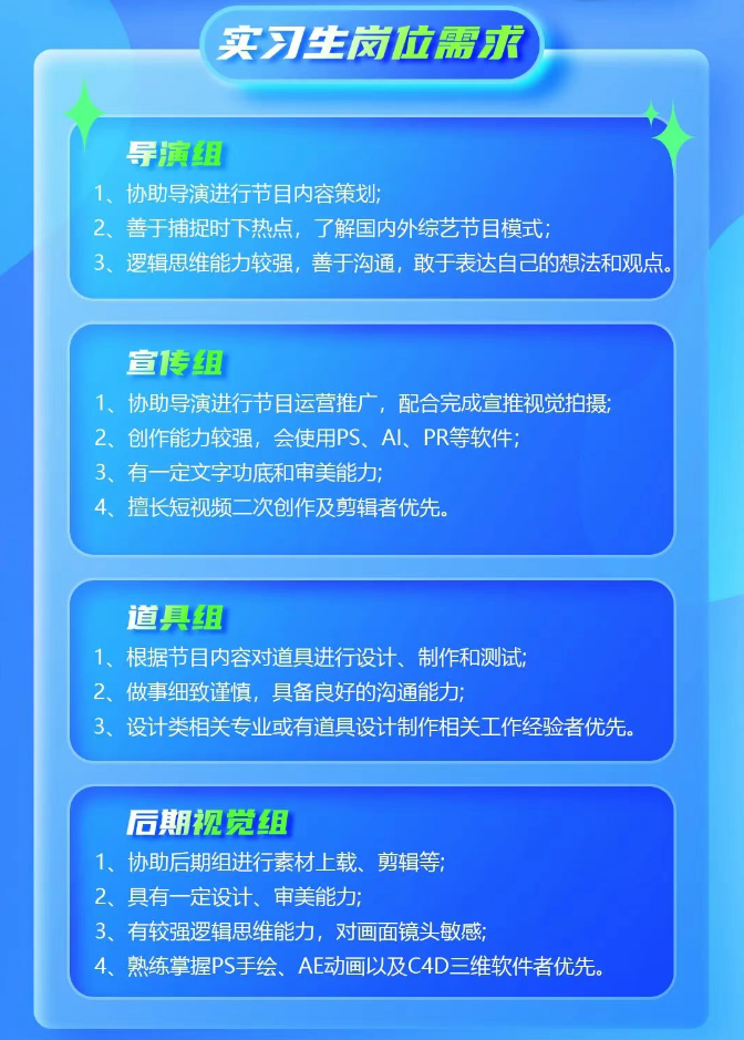 <p>(实习生岗位需求</p> <p>导演组</p> <p>1、协助导演进行节目内容策划;</p> <p>2、善于捕捉时下热点,了解国内外综艺节目模式;</p> <p>3、逻辑思维能力较强,善于沟通,敢于表达自己的想法和观点。</p>  <table> <tr><td>宣传组1、协助导演进行节目运营推广,配合完成宣推视觉拍摄;2、创作能力较强,会使用PS、AI、 PR等软件;3、有一定文字功底和审美能力;4、擅长短视频二次创作及剪辑者优先。</td> </tr> <tr><td>道具组1、根据节目内容对道具进行设计、制作和测试:2、做事细致谨慎,具备良好的沟通能力;3、设计类相关专业或有道具设计制作相关I作经验者优先。</td> </tr> <tr><td>后期视觉组1、协助后期组进行素材上载、剪辑等;2、 具有一定设计、审美能力;3、有较强逻辑思维能力,对画面镜头敏感;4、熟练掌握PS手绘、AE动画以及C4D三维软件者优先。</td> </tr> </table>
