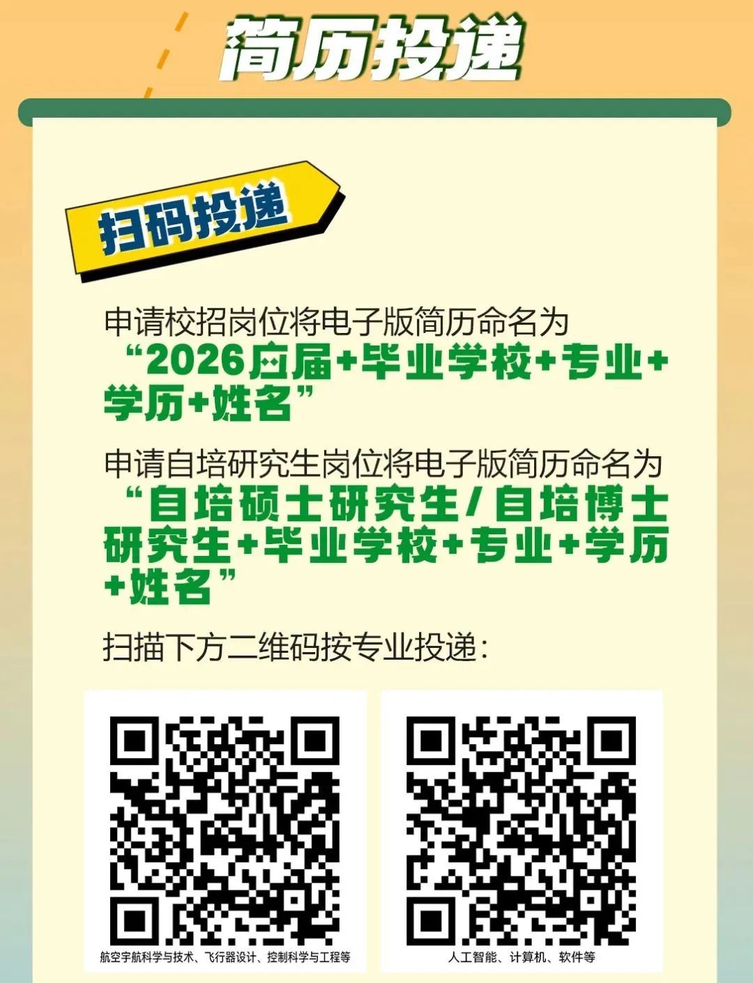 <p>,</p> <p>,筒历投搓</p> <p>扫码投道</p> <p>申请校招岗位将电子版简历命名为</p> <p>“2026应届+毕业学校+专业+</p> <p>学历+姓名”</p> <p>申请自培研究生岗位将电子版简历命名为</p> <p>“自培硕士研究生/自培博士</p> <p>研究生+毕业学校+专业+学历</p> <p>+姓名”</p> <p>扫描下方二维码按专业投递:</p> <p>航空宇航科学与技术、飞行器设计、控制科学与工程等人工智能、计算机、软件等</p>