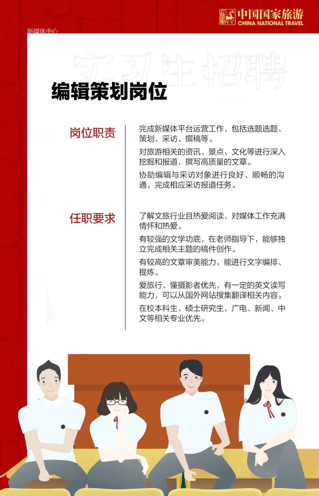 <p>州中国国家旅游</p> <p>CHINA NATIONAL TRAVEL</p> <p>新媒体中心</p> <p>1e上0血</p> <p>2张台5号</p> <p>编辑策划岗位</p> <p>岗位职责完成新媒体平台运营工作,包括选题选题、</p> <p>策划、采访、撰稿等。</p> <p>对旅游相关的资讯、景点、文化等进行深入</p> <p>挖掘和报道,撰写高质量的文章。</p> <p>协助编辑与采访对象进行良好、顺畅的沟</p> <p>通,完成相应采访报道任务。</p> <p>任职要求了解文旅行业且热爱阅读,对媒体工作充满</p> <p>情怀和热爱。</p> <p>有较强的文学功底,在老师指导下,能够独</p> <p>立完成相关主题的稿件创作。</p> <p>有较高的文章审美能力,能进行文字编排、</p> <p>提炼。</p> <p>爱旅行、懂摄影者优先,有一定的英文读写</p> <p>能力,可以从国外网站搜集翻译相关内容。</p> <p>在校本科生、硕士研究生,厂电、新闻、中</p> <p>文等相关专业优先。</p> <p>.\'</p>