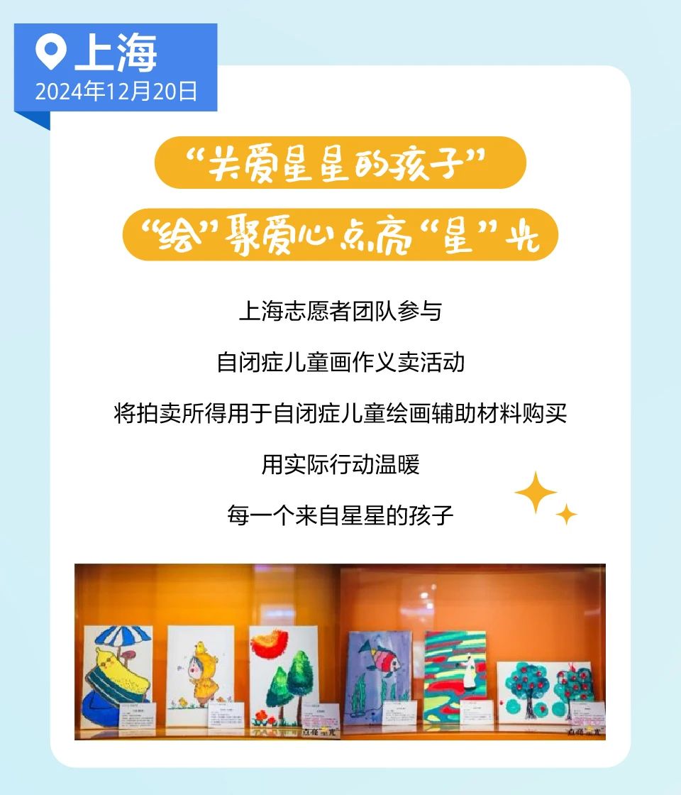 <table> <tr><td colspan="2"> 上海</td> </tr> <tr><td>2 024年12月20日</td> <td></td> </tr> <tr><td colspan="2">(“关爱星星的孩子”)(“给”聚爱心点亮“星”光上海志愿者团队参与自闭症儿童画作义卖活动将拍卖所得用于自闭症儿童绘画辅助材料购买用实际行动温暖每一个来自星星的孩子 ◆</td> </tr> <tr><td colspan="2">1。武</td> </tr> </table>