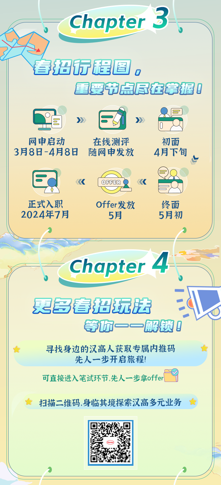 <p>Chapter3 。</p>
<p>春招行程图。</p>
<p>重要节点尿在掌握0</p>
<p>同</p>
<p>昌》6》</p>
<p>网申启动在线测评初面</p>
<p>3月8日-4月8日随网申发放4月下旬山</p>
<p>E《OFPERO《</p>
<p>正式入职0ffer发放终面</p>
<p>2024年7月5月5月初</p>
<p>2</p>
<p>Chapter4</p>
<p>更多春招玩法江</p>
<p>等你一一解锁0</p>
<p> 寻找身边的汉高人获取专属内推码</p>
<p>先人一步开启旅程!</p>
<p>可直接进入笔试环节,先人一步拿offer_ </p>
<p>扫描二维码,身临其境探索汉高多元业务</p>
<p>2a</p>
