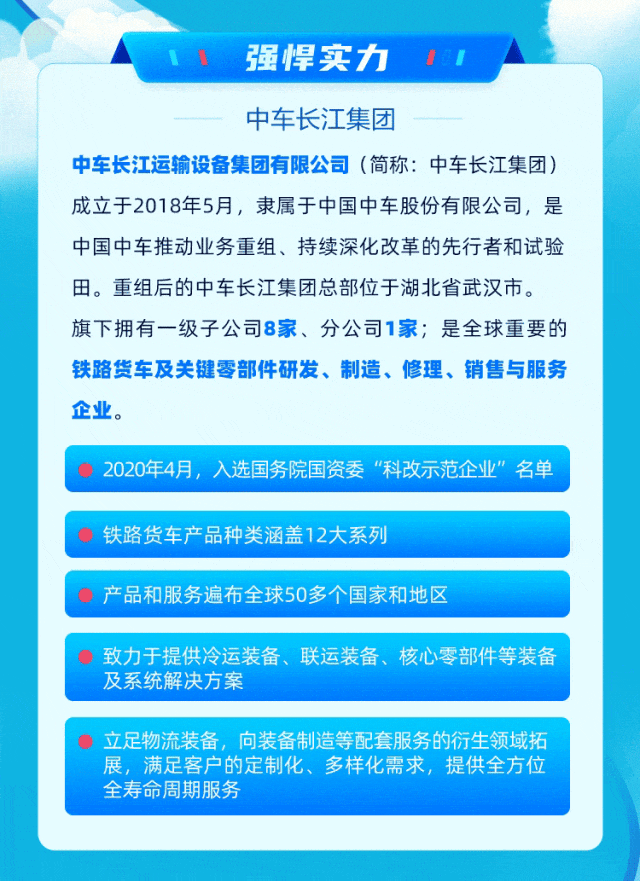 <p>1强悍实力10I</p>
<p>中车长江集团</p>
<p>中车长江运输设备集团有限公司(简称:中车长江集团)</p>
<p>成立于2018年5月,隶属于中国中车股份有限公司,是</p>
<p>中国中车推动业务重组、持续深化改革的先行者和试验</p>
<p>田。重组后的中车长江集团总部位于湖北省武汉市。</p>
<p>旗下拥有一级子公司8家、分公司1家是全球重要的</p>
<p>铁路货车及关键零部件研发、制造、修理、销售与服务</p>
<p>企业。</p>
<p>三</p>

<table>
<tr><td>2020年4月,入选国务院国资委“科改示范企业”名单</td>
</tr>
<tr><td>铁路货车产品种类涵盖12大系列</td>
</tr>
<tr><td></td>
</tr>
<tr><td>产品和服务遍布全球50多个国家和地区</td>
</tr>
<tr><td></td>
</tr>
<tr><td>致力于提供冷运装备、联运装备、核心零部件等装备及系统解决方案</td>
</tr>
<tr><td></td>
</tr>
<tr><td>立足物流装备,向装备制造等配套服务的衍生领域拓展,满足客户的定制化、多样化需求, 提供全方位全寿命周期服务</td>
</tr>
<tr><td></td>
</tr>
</table>
