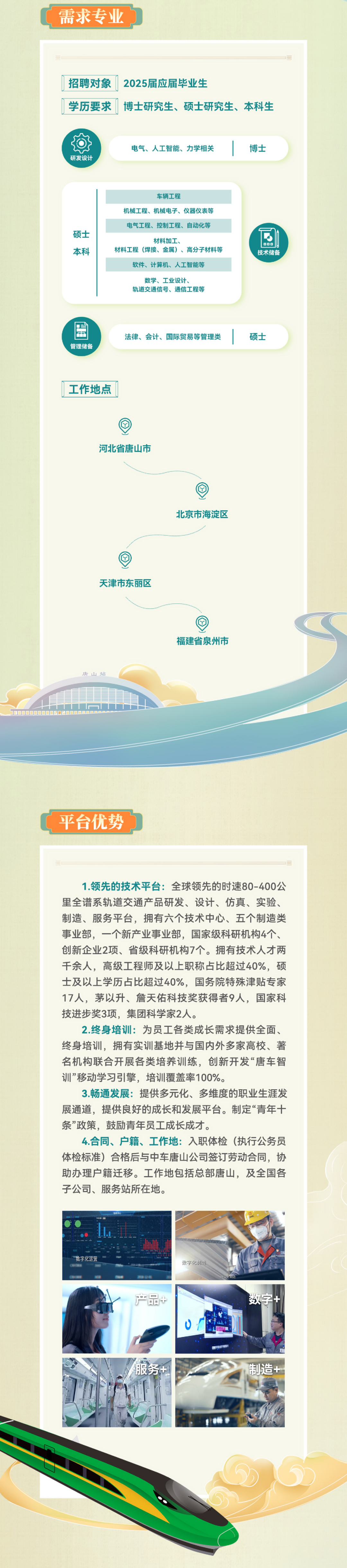 <p>需求专业</p>
<p>招聘对象</p>
<p>2025届应届毕业生</p>
<p>学历要求博士研究生、硕士研究生、本科生</p>
<p>研发设计</p>
<p>电气、人工智能、力学相关</p>
<p>博士</p>
<p>硕士</p>
<p>本科</p>
<p>车辆工程</p>
<p>机械工程、机械电子、仪器仪表等<br/>电气工程、控制工程、自动化等</p>
<p>材料加工</p>
<p>材料工程(焊接、金属)、高分子材料等<br/>软件、计算机、人工智能等</p>
<p>数学、工业设计、</p>
<p>轨道交通信号、通信工程等</p>
<p>00<br/>技术储备</p>
<p>管理储备</p>
<p>法律、会计、国际贸易等管理类</p>
<p>硕士</p>
<p>工作地点</p>
<p>河北省唐山市</p>
<p>北京市海淀区</p>
<p>天津市东丽区</p>
<p>福建省泉州市</p>
<p>唐山站</p>
<p>平台优势</p>
<p>1.领先的技术平台:全球领先的时速80-400公<br/>里全谱系轨道交通产品研发、设计、仿真、实验、<br/>制造、服务平台，拥有六个技术中心、五个制造类<br/>事业部，一个新产业事业部，国家级科研机构4个、<br/>创新企业2项、省级科研机构7个。拥有技术人才两<br/>千余人，高级工程师及以上职称占比超过40%，硕<br/>士及以上学历占比超过40%，国务院特殊津贴专家<br/>17人，茅以升、詹天佑科技奖获得者9人，国家科<br/>技进步奖3项，集团科学家2人。</p>
<p>2.终身培训:为员工各类成长需求提供全面、<br/>终身培训，拥有实训基地并与国内外多家高校、著<br/>名机构联合开展各类培养训练，创新开发“唐车智<br/>训”移动学习引擎，培训覆盖率100%。</p>
<p>3.畅通发展:提供多元化、多维度的职业生涯发<br/>展通道，提供良好的成长和发展平台。制定“青年十<br/>条”政策，鼓励青年员工成长成才。</p>
<p>4.合同、户籍、工作地:入职体检(执行公务员<br/>体检标准)合格后与中车唐山公司签订劳动合同，协<br/>助办理户籍迁移。工作地包括总部唐山，及全国各<br/>子公司、服务站所在地。</p>
<p>数字化运</p>
<p> </p>
<p>数字化制造</p>
<p>产品+</p>
<p>数字+</p>
<p>服务</p>
<p>制造+</p>

