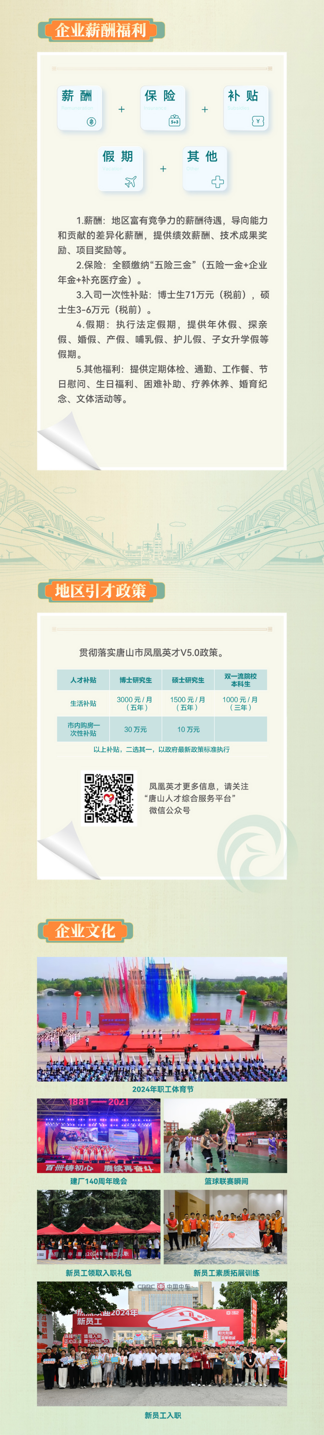 <p>企业薪酬福利</p>
<p>薪酬</p>
<p>+</p>
<p>保险</p>
<p>+</p>
<p>补贴</p>
<p>假期</p>
<p>+</p>
<p>其他</p>
<p>1.薪酬:地区富有竞争力的薪酬待遇，导向能力<br/>和贡献的差异化薪酬，提供绩效薪酬、技术成果奖<br/>励、项目奖励等。</p>
<p>2.保险:全额缴纳“五险三金”(五险一金+企业<br/>年金+补充医疗金)。</p>
<p>3.入司一次性补贴:博士生71万元(税前)，硕<br/>士生3-6万元(税前)。</p>
<p>4.假期:执行法定假期，提供年休假、探亲</p>
<p>”,</p>
<p>假、婚假、产假、哺乳假、护儿假、子女升学假等<br/>假期。</p>
<p>5.其他福利:提供定期体检、通勤、工作餐、节<br/>日慰问、生日福利、困难补助、疗养休养、婚育纪<br/>念、文体活动等。</p>
<p>地区引才政策</p>
<p>贯彻落实唐山市凤凰英才V5.0政策。</p>
<p>人才补贴</p>
<p>博士研究生</p>
<p>硕士研究生</p>
<p>双一流院校</p>
<p>本科生</p>
<p>生活补贴</p>
<p>3000元/月</p>
<p>1500元/月</p>
<p>1000元/月</p>
<p>(五年)</p>
<p>(五年)</p>
<p>(三年)</p>
<p>市内购房</p>
<p>次性补贴</p>
<p>30万元</p>
<p>10万元</p>
<p>以上补贴，二选其一，以政府最新政策标准执行</p>
<p>凤凰英才更多信息，请关注<br/>“唐山人才综合服务平台”<br/>微信公众号</p>
<p>企业文化</p>
<p>所374B5P</p>
<p> </p>
<p>0D</p>
<p>2024年职工体育节</p>
<p>百卅铸初心<br/>赓续再奋</p>
<p>建厂140周年晚会</p>
<p>篮球联赛瞬间</p>
<p>12024年频工<br/>职</p>
<p>新员工领取入职礼包</p>
<p>新员工素质拓展训练</p>
<p>PRC<br/>市中国中车</p>
<p>迎2024年<br/>新员工</p>
<p>连接学<br/>造福人类</p>
<p>正心正，<br/>善阿成次</p>
<p> </p>
<p>阳光和谐<br/>简单坦诚</p>
<p>千放包乎</p>
<p>新员工入职</p>
