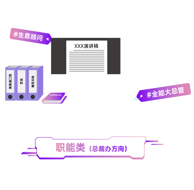 <p>CARSLAN</p>
<p>职能类(总裁办方向)</p>

<table>
<tr><td colspan="4">井生意顾问,</td>
<td rowspan="2"></td>
<td>XXX演讲稿</td>
<td rowspan="2"></td>
</tr>
<tr><td></td>
<td></td>
<td></td>
<td></td>
<td></td>
</tr>
<tr><td>部周报表</td>
<td>资料</td>
<td>食纪</td>
<td colspan="4"></td>
</tr>
</table>
