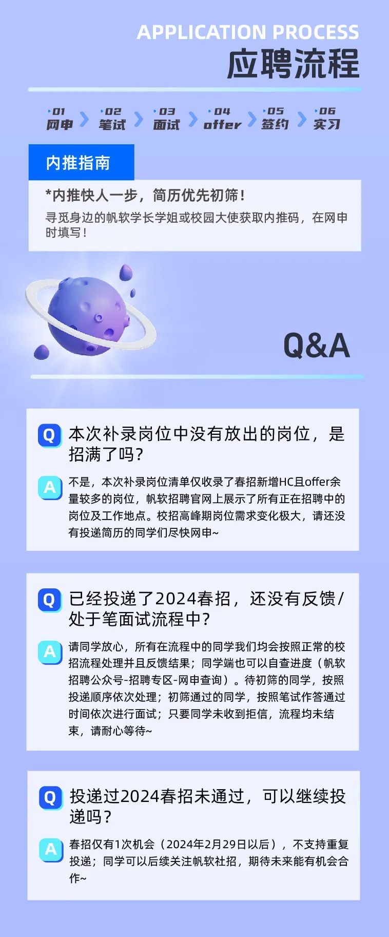 <p>APPLICATION PROCESS</p>
<p>应聘流程</p>
<p>01<br/>网电</p>
<p>*02</p>
<p>笔试</p>
<p>.03</p>
<p>面试</p>
<p>04<br/>offer</p>
<p>.05</p>
<p>签约</p>
<p>.06</p>
<p>实习</p>
<p>内推指南</p>
<p>*内推快人一步，简历优先初筛!</p>
<p>寻觅身边的帆软学长学姐或校园大使获取内推码，在网申<br/>时填写!</p>
<p>Q&A</p>
<p>本次补录岗位中没有放出的岗位，是<br/>招满了吗?</p>
<p>不是，本次补录岗位清单仅收录了春招新增HC且offer余<br/>量较多的岗位，帆软招聘官网上展示了所有正在招聘中的<br/>岗位及工作地点。校招高峰期岗位需求变化极大，请还没<br/>有投递简历的同学们尽快网申~</p>
<p>Q已经投递了2024春招，还没有反馈/<br/>处于笔面试流程中?</p>
<p>A</p>
<p>请同学放心，所有在流程中的同学我们均会按照正常的校<br/>招流程处理并且反馈结果;同学端也可以自查进度(帆软<br/>招聘公众号-招聘专区-网申查询)。待初筛的同学，按照<br/>投递顺序依次处理;初筛通过的同学，按照笔试作答通过<br/>时间依次进行面试;只要同学未收到拒信，流程均未结<br/>束，请耐心等待~</p>
<p>Q]投递过2024春招未通过，可以继续投<br/>递吗?</p>
<p>春招仅有1次机会(2024年2月29日以后)，不支持重复<br/>投递;同学可以后续关注帆软社招，期待未来能有机会合<br/>作~</p>
