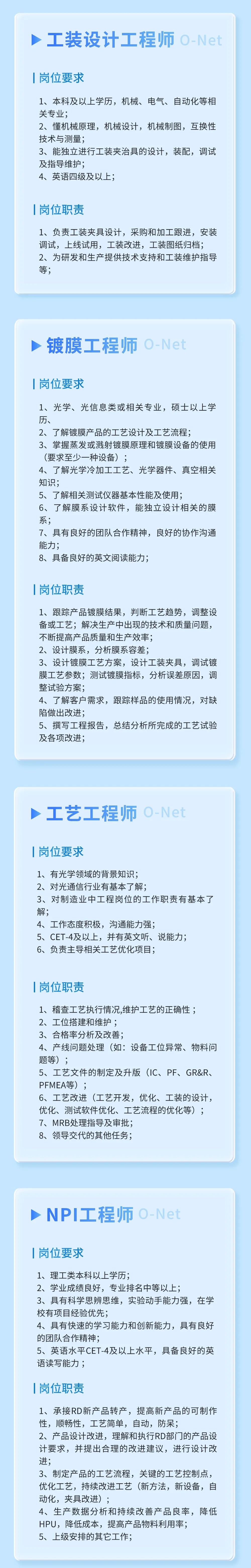 <p>工装设计工程师 o-Net</p>
<p>|岗位要求</p>
<p>1、本科及以上学历，机械、电气、自动化等相<br/>关专业;</p>
<p>2、懂机械原理，机械设计，机械制图，互换性<br/>技术与测量;</p>
<p>3、能独立进行工装夹治具的设计，装配，调试<br/>及指导维护;</p>
<p>4、英语四级及以上;</p>
<p>|岗位职责</p>
<p>1、负责工装夹具设计，采购和加工跟进，安装<br/>调试，上线试用，工装改进，工装图纸归档;<br/>2、为研发和生产提供技术支持和工装维护指导<br/>等;</p>
<p>镀膜工程师<br/>O-Net</p>
<p>|岗位要求</p>
<p>1、光学、光信息类或相关专业，硕士以上学<br/>历、</p>
<p>2、了解镀膜产品的工艺设计及工艺流程;</p>
<p>3、掌蒸发或溅射镀膜原理和镀膜设备的使用<br/>(要求至少一种设备);</p>
<p>4、了解光学冷加工工艺、光学器件、真空相关<br/>知识;</p>
<p>5、了解相关测试仪器基本性能及使用;</p>
<p>6、了解膜系设计软件，能独立设计相关的膜<br/>系;</p>
<p>7、具有良好的团队合作精神，良好的协作沟通<br/>能力;</p>
<p>8、具备良好的英文阅读能力;</p>
<p>|岗位职责</p>
<p>1、跟踪产品镀膜结果，判断工艺趋势，调整设<br/>备或工艺;解决生产中出现的技术和质量问题，<br/>不断提高产品质量和生产效率;</p>
<p>2、设计膜系，分析膜系容差;</p>
<p>3、设计镀膜工艺方案，设计工装夹具，调试镀<br/>膜工艺参数;测试镀膜指标，分析误差原因，调<br/>整试验方案;</p>
<p>4、了解客户需求，跟踪样品的使用情况，对缺<br/>陷做出改进;</p>
<p>5、撰写工程报告，总结分析所完成的工艺试验<br/>及各项改进;</p>
<p>工艺工程师<br/>O-Net</p>
<p>|岗位要求</p>
<p>1、有光学领域的背景知识;</p>
<p>2、对光通信行业有基本了解;</p>
<p>3、对制造业中工程岗位的工作职责有基本了<br/>解;</p>
<p>4、工作态度积极，沟通能力强;</p>
<p>5、CET-4及以上，并有英文听、说能力;<br/>6、负责主导相关工艺优化项目;</p>
<p>|岗位职责</p>
<p>1、稽查工艺执行情况,维护工艺的正确性;<br/>2、工位搭建和维护;</p>
<p>3、合格率分析及改善;</p>
<p>4、产线问题处理(如:设备工位异常、物料问<br/>题等;</p>
<p>5、工艺文件的制定及升版(IC、PF、GR&R、<br/>PFMEA等);</p>
<p>6、工艺改进(工艺开发，优化、工装的设计，<br/>优化、测试软件优化、工艺流程的优化等);<br/>7、MRB处理指导及审批;</p>
<p>8、领导交代的其他任务;</p>
<p>NPI工程师O-Net</p>
<p>|岗位要求</p>
<p>1、理工类本科以上学历;</p>
<p>2、学业成绩良好，专业排名中等以上;</p>
<p>3、具有科学思辨思维，实验动手能力强，在学<br/>校有项目经验优先;</p>
<p>4、具有快速的学习能力和创新能力，具有良好<br/>的团队合作精神;</p>
<p>5、英语水平CET-4及以上水平，具备良好的英<br/>语读写能力;</p>
<p>|岗位职责</p>
<p>1、承接RD新产品转产，提高新产品的可制作<br/>性，顺畅性，工艺简单，自动，防呆;</p>
<p>2、产品设计改进，理解和执行RD部门的产品设<br/>计要求，并提出合理的改进建议，进行设计改<br/>进;</p>
<p>3、制定产品的工艺流程，关键的工艺控制点，<br/>优化工艺，持续改进工艺(新方法，新设备，自<br/>动化，夹具改进);</p>
<p>4、生产数据分析和持续改善产品良率，降低<br/>HPU，降低成本，提高产品物料利用率;</p>
<p>5、上级安排的其它工作;</p>
