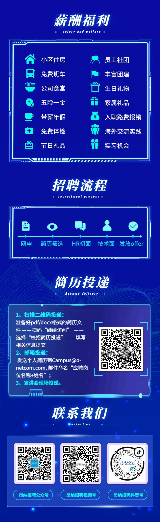 <p>薪酬福利</p>
<p>salary and welfare</p>
<p>..</p>
<p>个小区住房员工社团</p>
<p>日免费班车丰富团建</p>
<p>:((=公司食堂古生日礼物</p>
<p>场五险一金币家属礼品</p>
<p>P带薪年假半入职路费报销</p>
<p>+免费体检常海外交流实践</p>
<p>酉节日礼品i实习机会</p>
<p>mT</p>
<p>招聘流程</p>
<p>recruitment process @</p>
<p>昌02</p>
<p>网申简历筛选HR初面技术面发放offer</p>
<p>简历投递</p>
<p>Resume delivery</p>
<p>昂纳招聘公众号昂纳招聘视频号)昂纳招聘抖音号</p>

<table>
<tr><td colspan="3">1、扫描二维码投递:准备好pdf/docx格式的简历文 广。件--扫码“继续访问”选择“校招简历投递”--填写相关信息提交2、 邮箱投递:发送个人简历到Campus@0-netcom.com,邮件命名“应聘岗 巴位名称+姓名”;3、宣讲会现场投递。联系我们contact us</td>
</tr>
<tr><td colspan="3"></td>
</tr>
<tr><td>回 回D0-N回</td>
<td>T 关回</td>
<td>!OO-Net.Po</td>
</tr>
</table>
