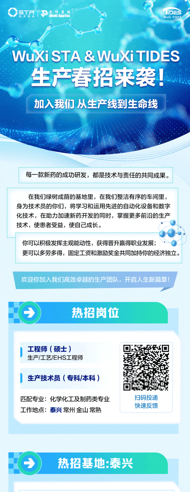 
<table>
<tr><td>广.TaPAWuxi STA &WuXiTIDES生产春招来装!加入我们从生产线到生命线</td>
</tr>
<tr><td>每一-款新药的成功研发,都是技术与责任的共同成果。</td>
</tr>
<tr><td></td>
</tr>
<tr><td>在我们绿树成荫的基地里,在我们整洁有序的车间里,身为技术员的你们,将学习和运用先进的自动化设备和数字化技术,在助力加速新药开发的同时,掌握更多前沿的生产技术,使患者受益,使自己成长。。你可以积极发挥主观能动性,获得晋升赢得职业发展;更可以多劳多得,固定工资和激励奖金共同加持你的经济独立。</td>
</tr>
<tr><td></td>
</tr>
<tr><td>欢迎你加入我们高效卓越的生产团队,开启人生新篇章!</td>
</tr>
<tr><td></td>
</tr>
<tr><td>热招岗位</td>
</tr>
<tr><td></td>
</tr>
<tr><td>工程师(硕士) 回 回生产工艺/EHS工程师 藏生产技术员 (专科/本科) b回匹配专业:化学化工及制药类专业 扫码投递快速反馈工作地点:泰兴常州金山常熟</td>
</tr>
<tr><td></td>
</tr>
<tr><td></td>
</tr>
<tr><td>热招基地:泰兴</td>
</tr>
<tr><td></td>
</tr>
<tr><td></td>
</tr>
</table>
