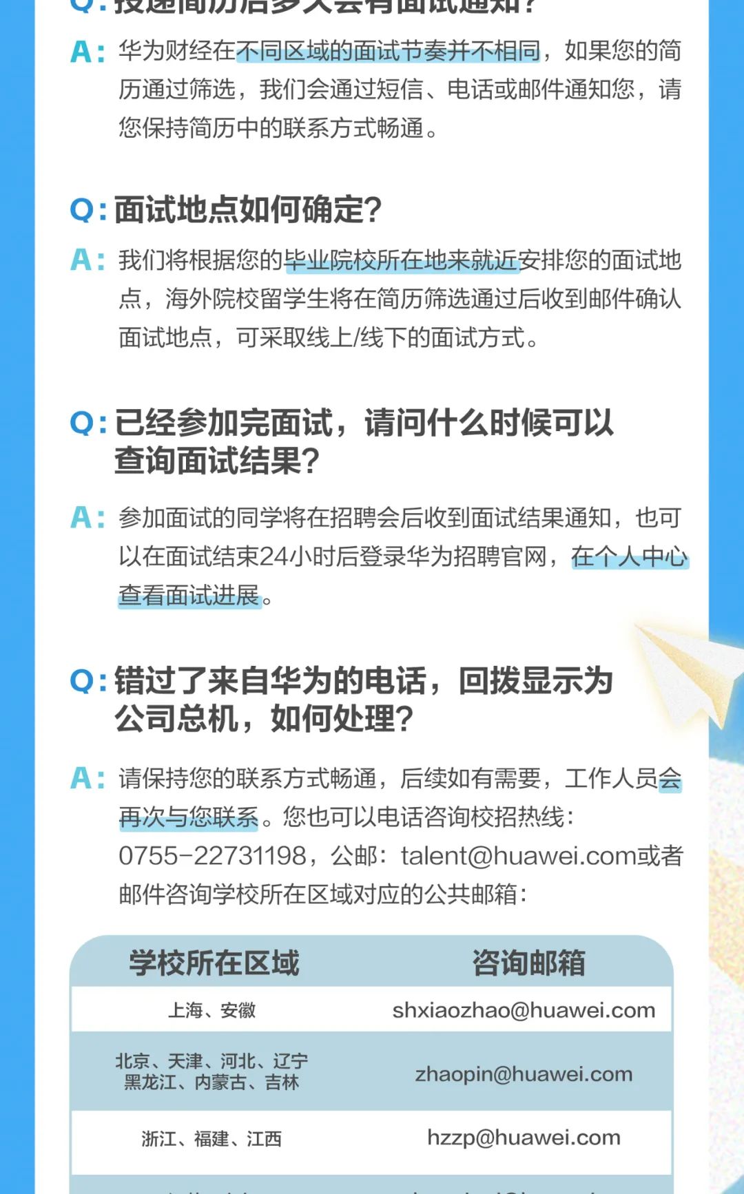 <p> JX印AIAF进入.</p>
<p>A:华为财经在不同区域的面试节奏并不相同,如果您的简</p>
<p>历通过筛选,我们会通过短信、电话或邮件通知您,请</p>
<p>您保持简历中的联系方式畅通。</p>
<p>Q:面试地点如何确定?</p>
<p>A:我们将根据您的毕业院校所在地来就近安排您的面试地</p>
<p>点,海外院校留学生将在简历筛选通过后收到邮件确认</p>
<p>面试地点,可采取线上/线下的面试方式。</p>
<p>Q:已经参加完面试,请问什么时候可以</p>
<p>查询面试结果?</p>
<p>A:参加面试的同学将在招聘会后收到面试结果通知,也可</p>
<p>以在面试结束24小时后登录华为招聘官网,在个人中心</p>
<p>查看面试进展。</p>
<p>Q:错过了来自华为的电话,回拨显示为</p>
<p>公司总机,如何处理?</p>
<p>A:请保持您的联系方式畅通,后续如有需要,工作人员会</p>
<p>再次与您联系。您也可以电话咨询校招热线:</p>
<p>0755-22731198,公邮: talent@huawei.com或者</p>
<p>邮件咨询学校所在区域对应的公共邮箱:</p>

<table>
<tr><td>学校所在区域 咨询邮箱</td>
</tr>
<tr><td>上海、安徽 shxiaozhao@huawei.com</td>
</tr>
<tr><td>北京、天津、河北、辽宁黑龙江、内蒙古、吉林 zhaopin@huawei.com</td>
</tr>
<tr><td>浙江、福建、江西 hzzp@huawei.com</td>
</tr>
</table>
