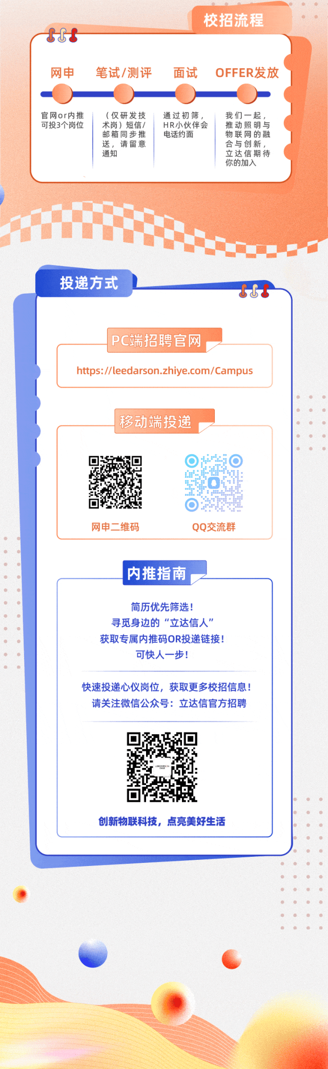 <p>校招流程</p>
<p>tCt </p>
<p>网申笔试/测评面试OFFER发放</p>
<p>官网or内推(仅研发技通过初筛,我们一起,</p>
<p>可投3个岗位术岗)短信/HR小伙伴会推动照明与</p>
<p>邮箱同步推电话约面物联网的融</p>
<p>送,请留意合与创新,</p>
<p>通知立达信期待</p>
<p>你的加入</p>
<p>投递方式</p>
<p>chs </p>
<p>IPC端招聘官网</p>
<p>https://leedarson.zhiye.com/Campus</p>
<p>I移动端投递</p>
<p>  </p>
<p>网申二维码QQ交流群</p>
<p>内推指南</p>
<p>简历优先筛选!</p>
<p>寻觅身边的&ldquo;立达信人&rdquo;</p>
<p>获取专属内推码OR投递链接!</p>
<p>可快人一步!</p>
<p>快速投递心仪岗位,获取更多校招信息!</p>
<p>请关注微信公众号:立达信官方招聘</p>
<p>创新物联科技,点亮美好生活</p>
