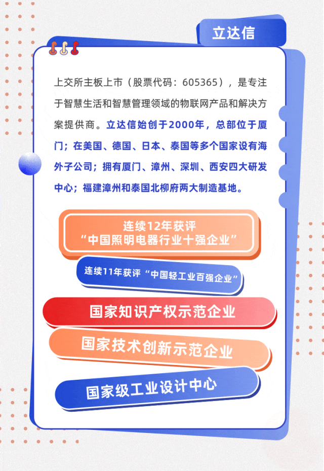 <p>立达信</p>
<p>Shr</p>
<p>上交所主板上市(股票代码: 605365),是专注</p>
<p>于智慧生活和智慧管理领域的物联网产品和解决方</p>
<p>案提供商。立达信始创于2000年,总部位于厦</p>
<p>门;在美国、德国、日本、泰国等多个国家设有海</p>
<p>外子公司;拥有厦门、漳州、深圳、西安四大研发</p>
<p>中心;福建漳州和泰国北柳府两大制造基地。</p>
<p>连续12年获评</p>
<p>&ldquo;中国照明电器行业十强企业&rdquo;</p>
<p>\'连续1年获评&ldquo;中国轻工业百强企业&rdquo;</p>
<p>国家知识产权示范企业</p>
<p>国家技术 创新示范企业</p>
<p>国家级工业设计中心</p>
