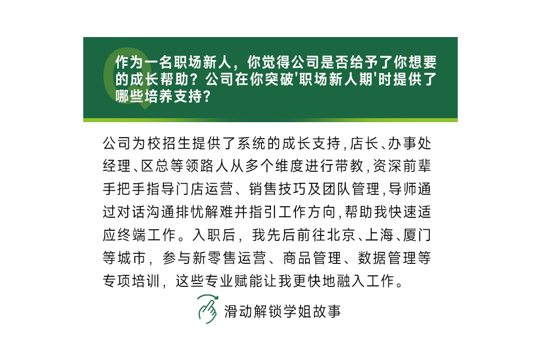 <p>作为一名职场新人，你觉得公司是否给予了你想要<br/>的成长帮助?公司在你突破\'职场新人期\'时提供了<br/>哪些培养支持?</p>
<p>公司为校招生提供了系统的成长支持,店长、办事处<br/>经理、区总等领路人从多个维度进行带教,资深前辈<br/>手把手指导门店运营、销售技巧及团队管理,导师通<br/>过对话沟通排忧解难并指引工作方向,帮助我快速适<br/>应终端工作。入职后，我先后前往北京、上海、厦门<br/>等城市，参与新零售运营、商品管理、数据管理等<br/>专项培训，这些专业赋能让我更快地融入工作。</p>
<p>滑动解锁学姐故事</p>
