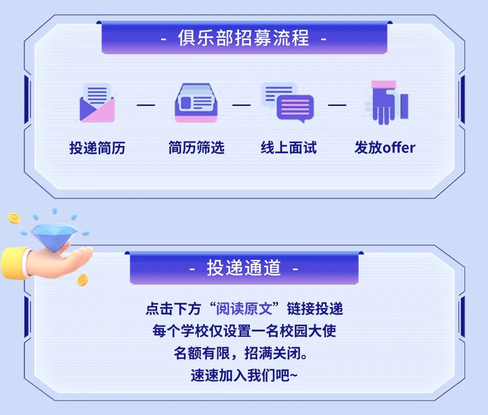 
<table>
<tr><td>俱乐部招募流程-> = 看 和V投递简历 简历筛选 线上面试 发放offer</td>
</tr>
<tr><td></td>
</tr>
<tr><td></td>
</tr>
<tr><td></td>
</tr>
<tr><td>, 投递通道点击下方“阅读原文”链接投递每个学校仅设置一名校园大使名额有限,招满关闭。速速加入我们吧~</td>
</tr>
</table>
