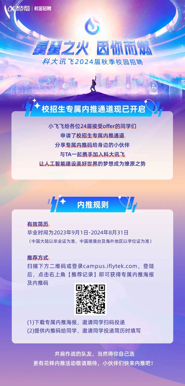 <p>太联|权园招聘</p>
<p>重星之火因你而体</p>
<p>科大讯飞2024届秋季校园招聘</p>
<p>校招生 专属内推通道现已开启</p>
<p>小飞飞给各位24届接受offer的同学们</p>
<p>申请了校招生专属内推通道</p>
<p>分享专属内推码给身边的小伙伴</p>
<p>与TA一起携手加入科大讯飞</p>
<p>让人工智能建设美好世界的梦想成为燎原之势</p>
<p>内推规则</p>
<p>有效简历</p>
<p>毕业时间为2023年9月1日-2024年8月31日</p>
<p>(中国大陆以毕业证为准,中国港澳台及海外地区以学位证为准)</p>
<p>推荐方式</p>
<p>扫描下方二维码或登录campus.iflytek.com,登陆</p>
<p>后,点击右上角[推荐记录]即可获得专属内推海报</p>
<p>及内推码</p>
<p>(1)下载专属内推海报,邀请同学扫码投递</p>
<p>(2)提供内推码给同学,邀请同学投递简历时填写</p>
<p>并肩作战的队友,当然得你自己选</p>
<p>更有花样内推活动敬请期待,小伙伴们快来内推吧!</p>
