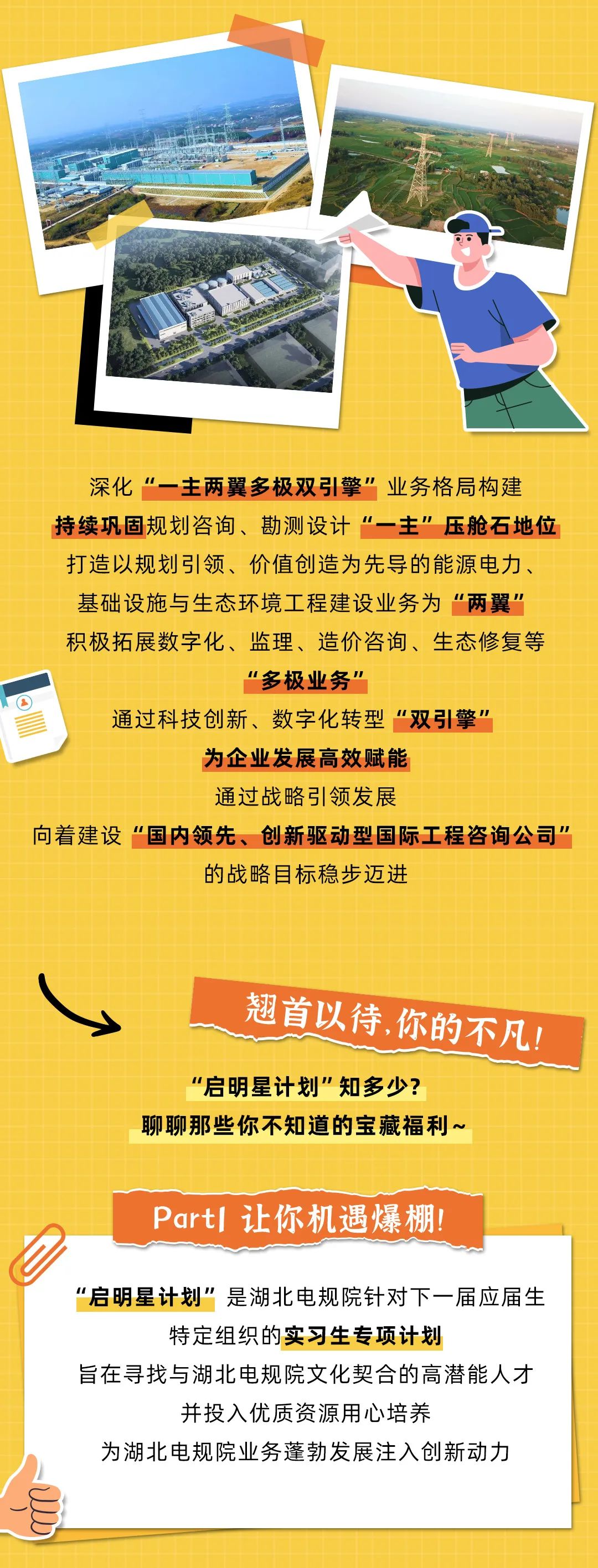 <p>深化“一主两翼多极双引擎”业务格局构建<br/>持续巩固规划咨询、勘测设计“一主”压舱石地位<br/>打造以规划引领、价值创造为先导的能源电力.<br/>基础设施与生态环境工程建设业务为"两翼"<br/>积极拓展数字化、监理、造价咨询、生态修复等</p>
<p>"多极业务”</p>
<p>通过科技创新、数字化转型"双引擎”</p>
<p>为企业发展高效赋能</p>
<p>通过战略引领发展</p>
<p>向着建设“国内领先、创新驱动型国际工程咨询公司”</p>
<p>的战略目标稳步迈进</p>
<p>翘首以待，你的不凡!<br/>“启明星计划"知多少?</p>
<p>聊聊那些你不知道的宝藏福利~</p>
<p>PartI让你机遇爆棚!</p>
<p>"启明星计划”是湖北电规院针对下一届应届生</p>
<p>特定组织的实习生专项计划</p>
<p>旨在寻找与湖北电规院文化契合的高潜能人才</p>
<p>并投入优质资源用心培养</p>
<p>为湖北电规院业务蓬勃发展注入创新动力</p>
