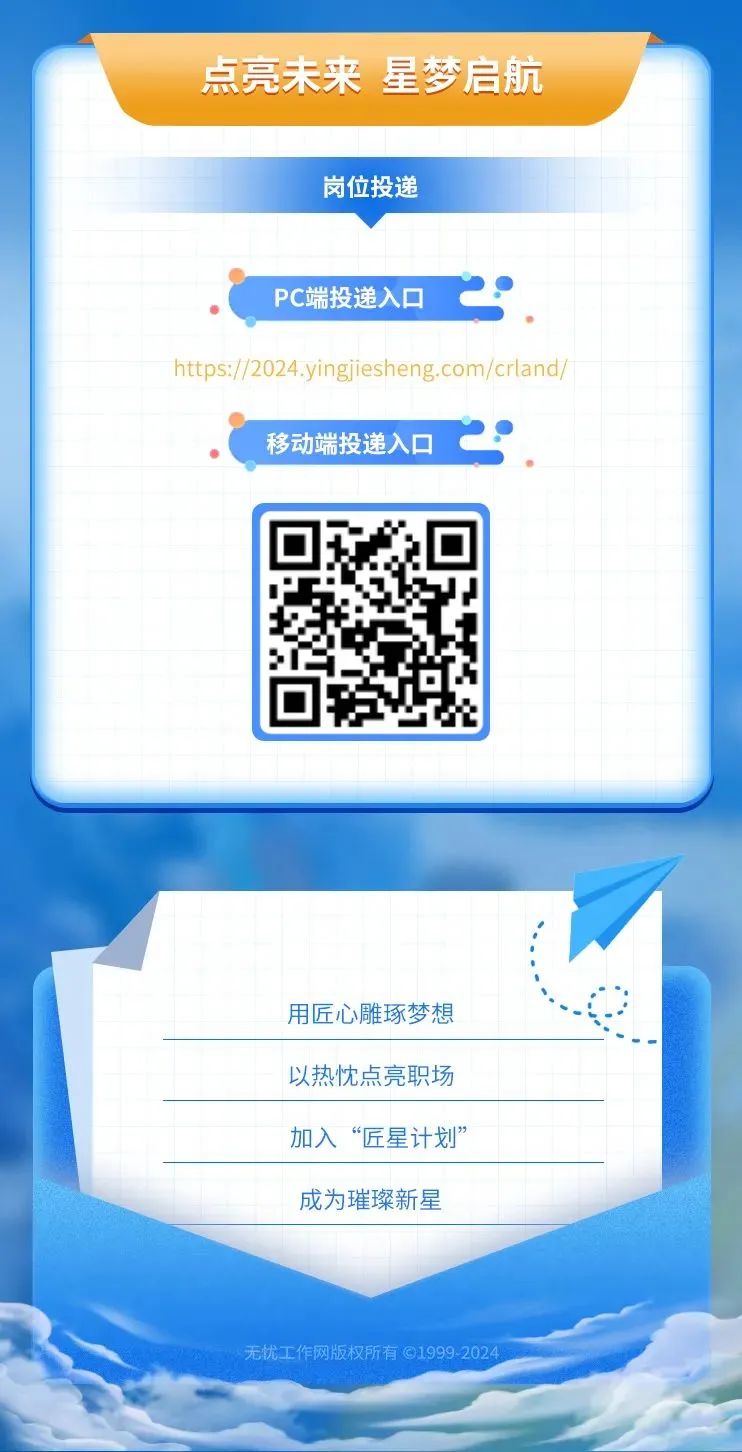 <p>点亮未来星梦启航</p>
<p>岗位投递</p>
<p>PC端投递入☐</p>
<p>成为璀璨新星</p>
<p>无忧工作网版权所有 1999-2024 </p>

<table>
<tr><td colspan="3">https://2024.yingjiesheng.com/crland/. 移动端投递入☐ 2</td>
<td></td>
</tr>
<tr><td></td>
<td>..h 21 J> .</td>
<td colspan="2"></td>
</tr>
<tr><td colspan="4">用匠心雕琢梦想</td>
</tr>
<tr><td colspan="3">以热忱点亮职场</td>
<td></td>
</tr>
<tr><td colspan="3">加入“匠星计划”</td>
<td></td>
</tr>
</table>
