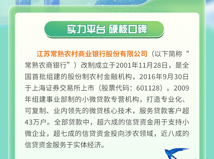 <p>实力平台硬核口碑</p>
<p>江苏常熟农村商业银行股份有限公司(以下简称“<br/>常熟农商银行”)改制成立于2001年11月28日，是全<br/>国首批组建的股份制农村金融机构，2016年9月30日<br/>于上海证券交易所上市(股票代码:601128)。2009<br/>年组建事业部制的小微贷款专营机构，打造专业化、<br/>可复制、业内领先的微贷核心技术，服务贷款客户超<br/>43万户。全部贷款中，超六成的信贷资金用于支持小<br/>微企业，超七成的信贷资金投向涉农领域，近八成的<br/>信贷资金服务于实体经济。</p>
