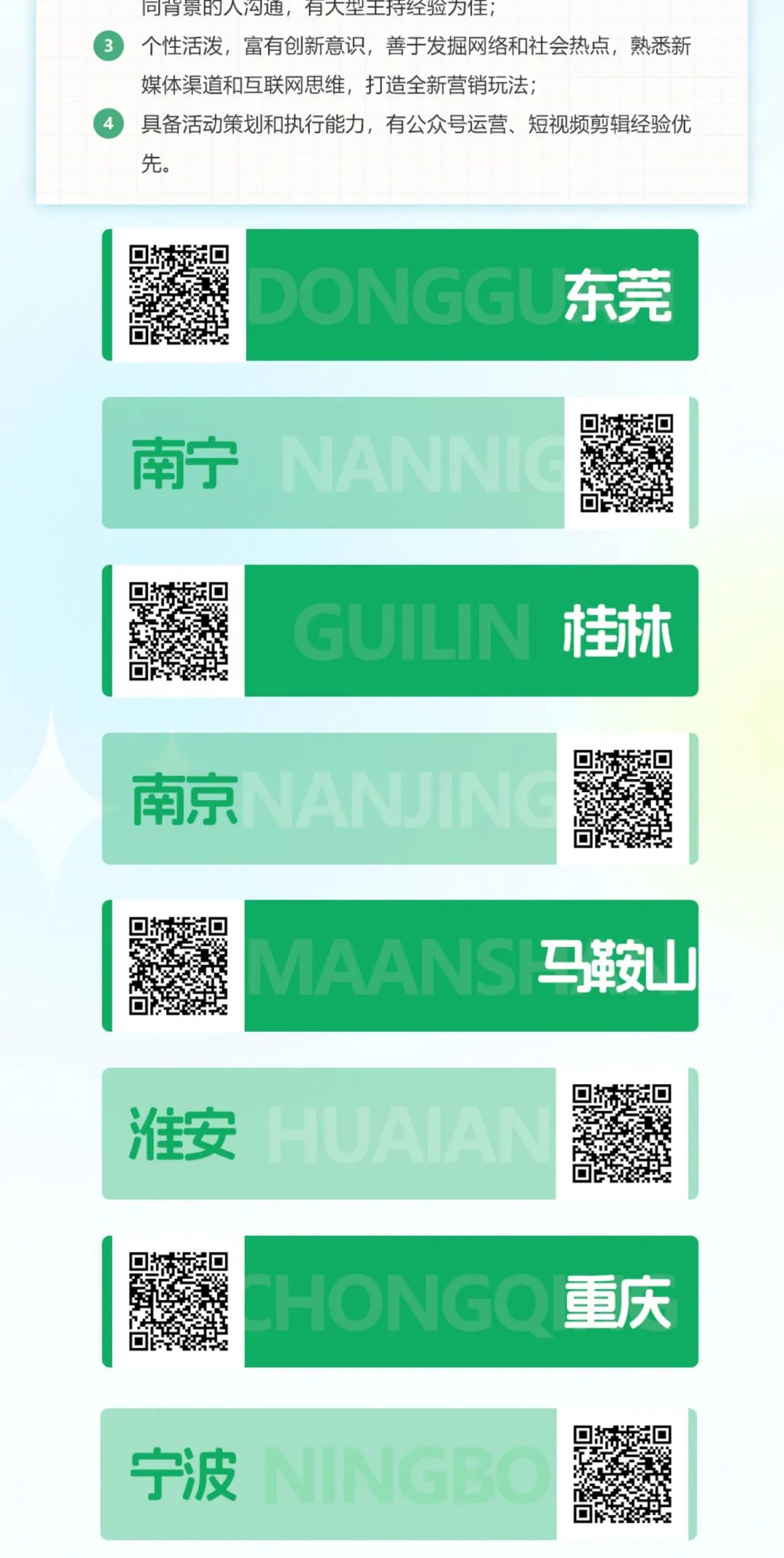 
<table>
<tr><td colspan="3">问背景的人沟通,有大型王持经验为住;个性活泼,富有创新意识,善于发掘网络和社会热点,熟悉新媒体渠道和互联网思维,打造全新营销玩法;具备活动策划和执行能力,有公众号运营、短视频剪辑经验优先。</td>
</tr>
<tr><td rowspan="2"></td>
<td colspan="2"></td>
</tr>
<tr><td colspan="2">DONGGU东莞</td>
</tr>
<tr><td colspan="2">南宁NANNG</td>
<td></td>
</tr>
<tr><td colspan="2"></td>
<td></td>
</tr>
<tr><td></td>
<td colspan="2">桂林</td>
</tr>
<tr><td colspan="2"></td>
<td rowspan="3">景</td>
</tr>
<tr><td colspan="2">南京NANJING</td>
</tr>
<tr><td colspan="2"></td>
</tr>
<tr><td></td>
<td colspan="2">MAANS马鞍山</td>
</tr>
<tr><td colspan="2">淮安HUAIAN</td>
<td></td>
</tr>
<tr><td></td>
<td colspan="2">CHONGO重庆</td>
</tr>
<tr><td colspan="2">宁波NINGBO</td>
<td></td>
</tr>
</table>
